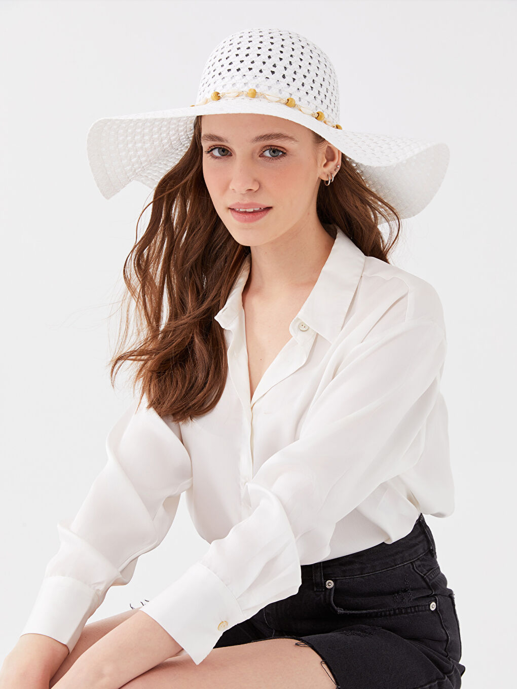 LCW ACCESSORIES Beyaz Biyeli Kadın Hasır Fötr Şapka