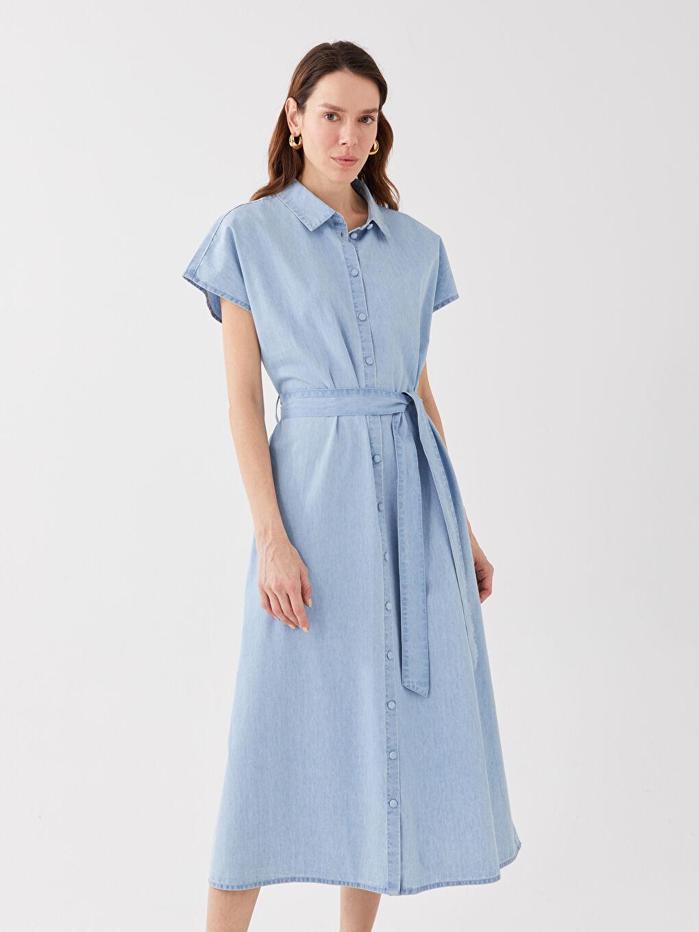 Rochie din Denim pentru Femei cu Guler de Cămașă, Simplă, cu Mâneci Scurte-1