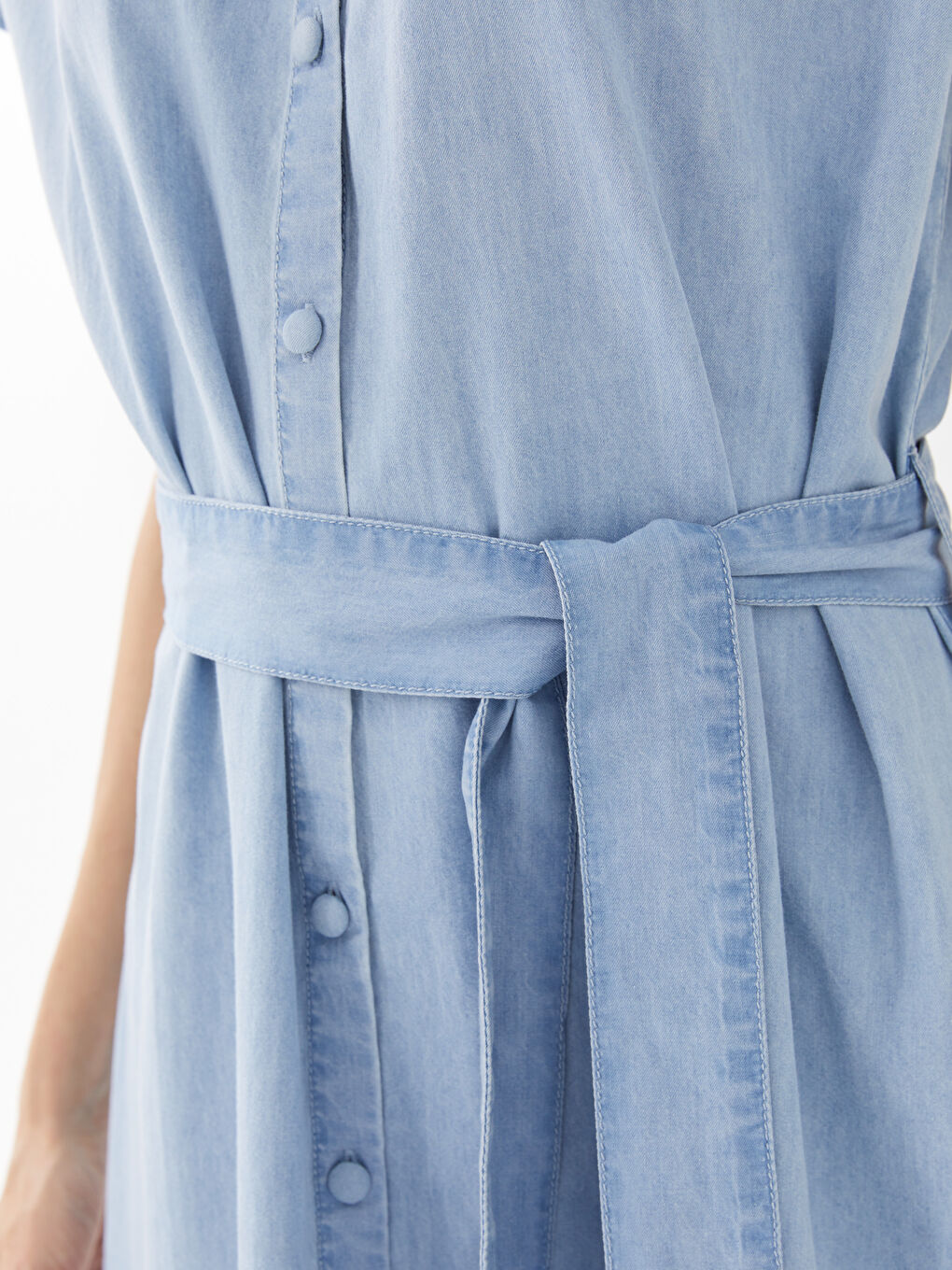 Rochie din Denim pentru Femei cu Guler de Cămașă, Simplă, cu Mâneci Scurte-2