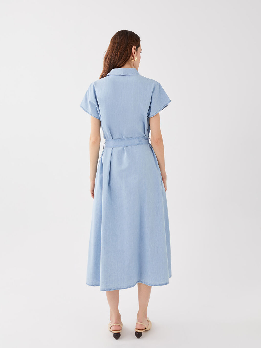 Rochie din Denim pentru Femei cu Guler de Cămașă, Simplă, cu Mâneci Scurte-3