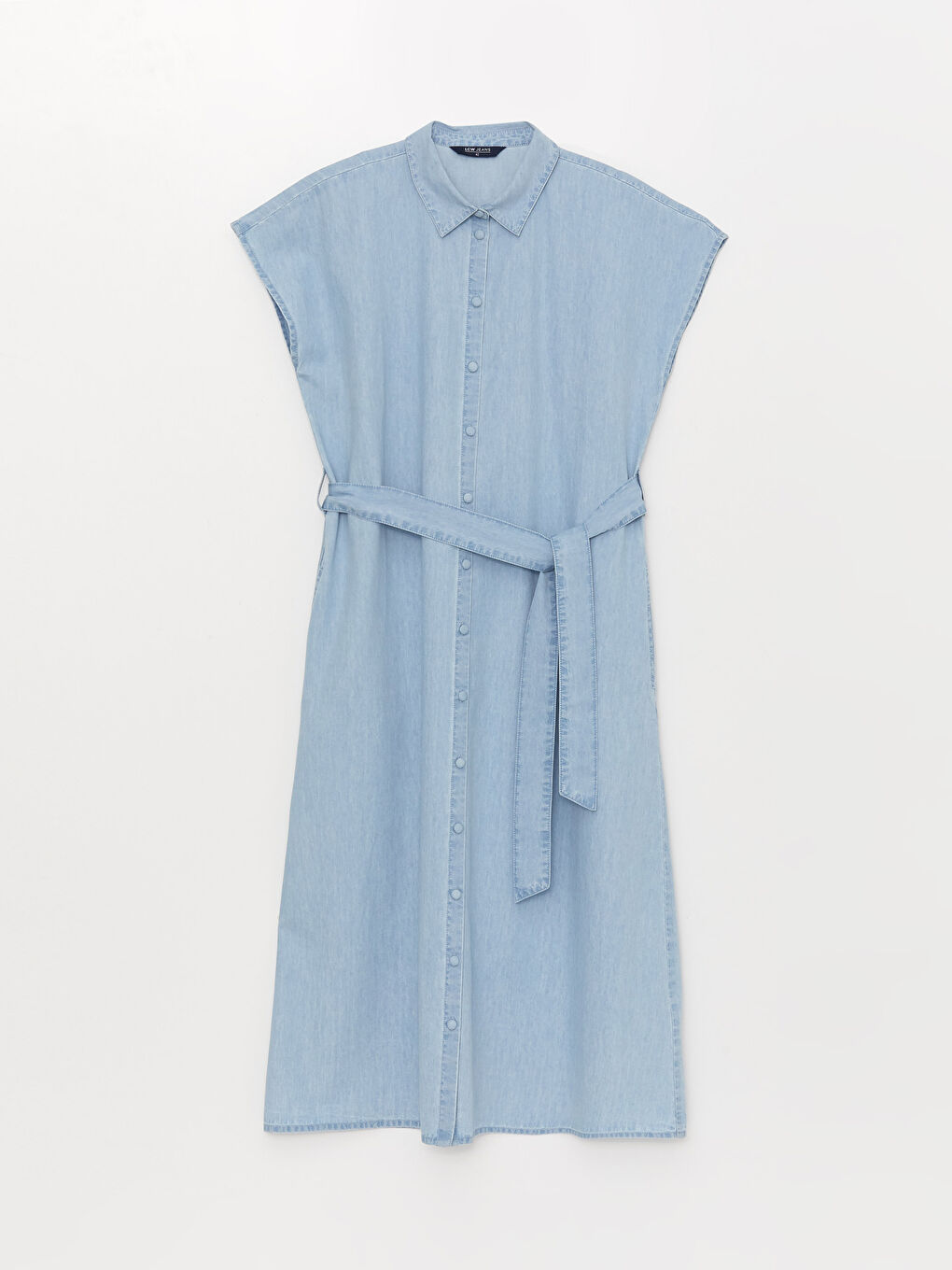 Rochie din Denim pentru Femei cu Guler de Cămașă, Simplă, cu Mâneci Scurte-4