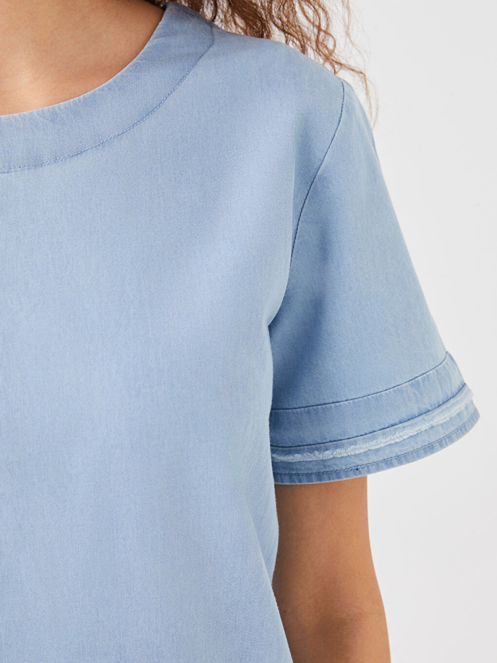 Rochie din Denim Simplă cu Mânecă Scurtă și Guler Rotund pentru Femei-3