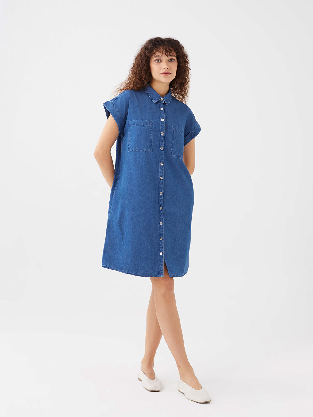 Collared Neck Plain Short Sleeve Women's Denim Dress