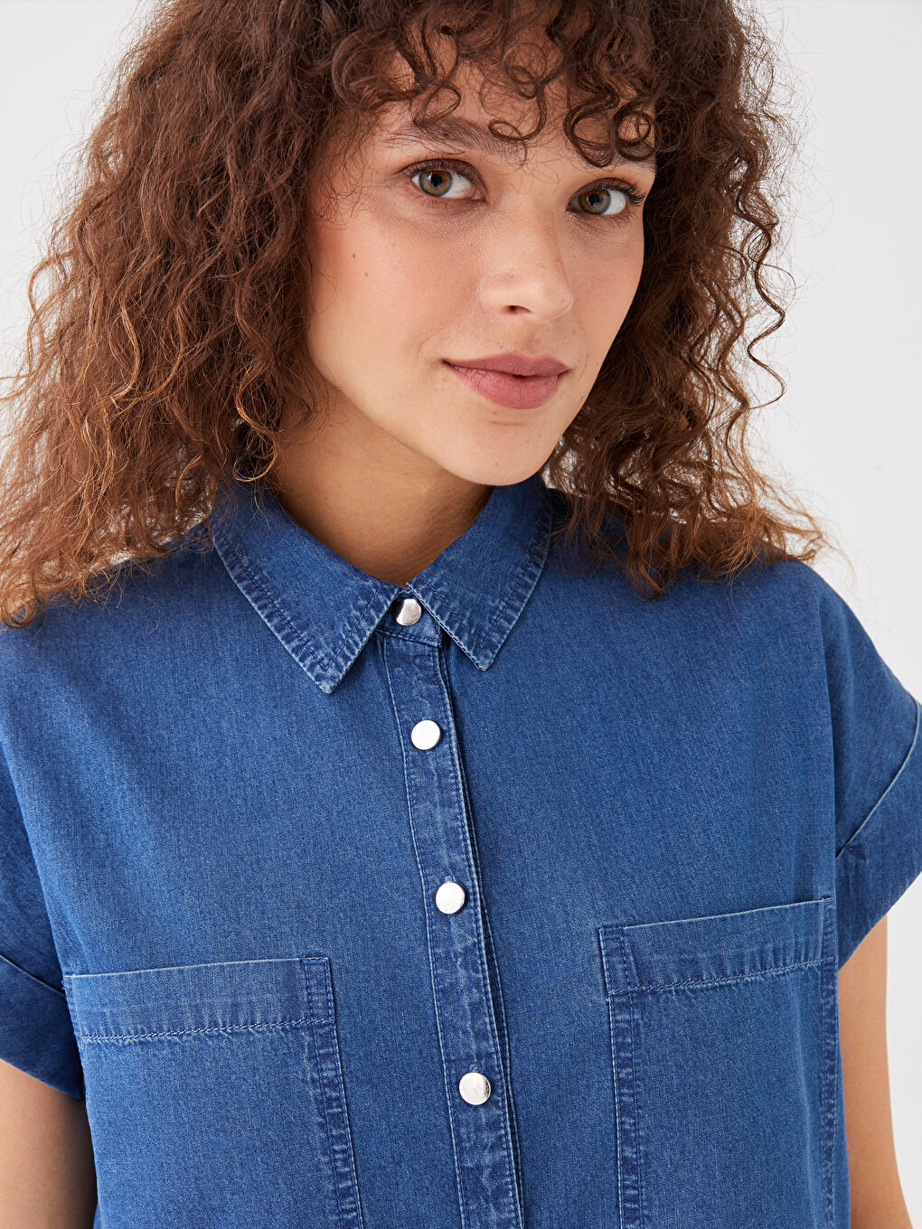 Collared Neck Plain Short Sleeve Women's Denim Dress-2