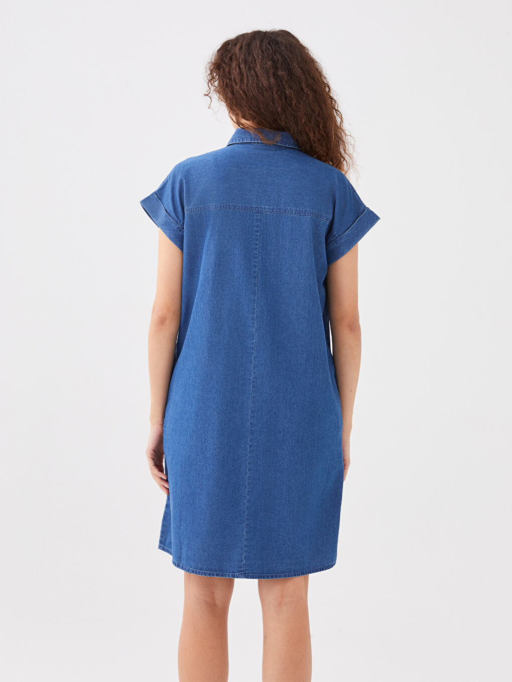 Collared Neck Plain Short Sleeve Women's Denim Dress-4