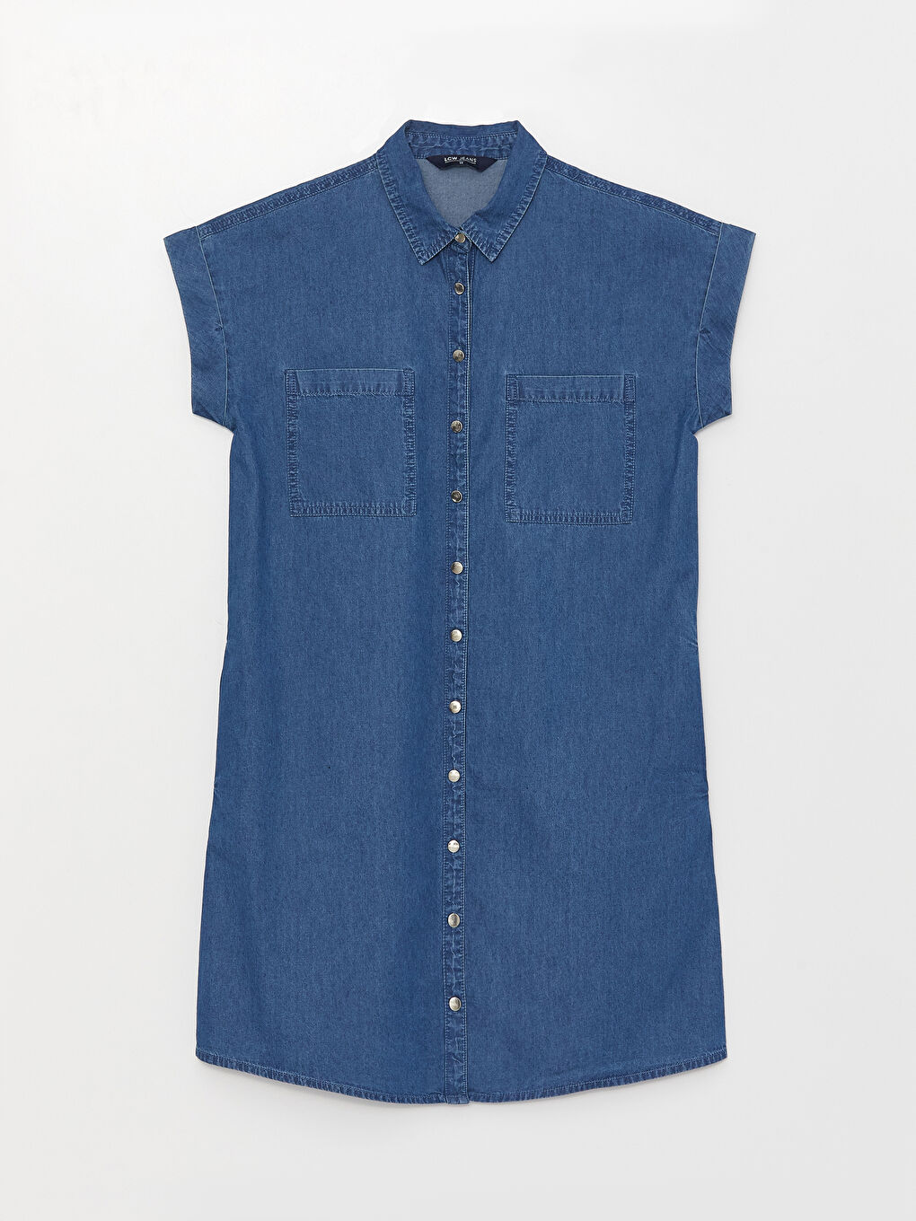 Collared Neck Plain Short Sleeve Women's Denim Dress-5