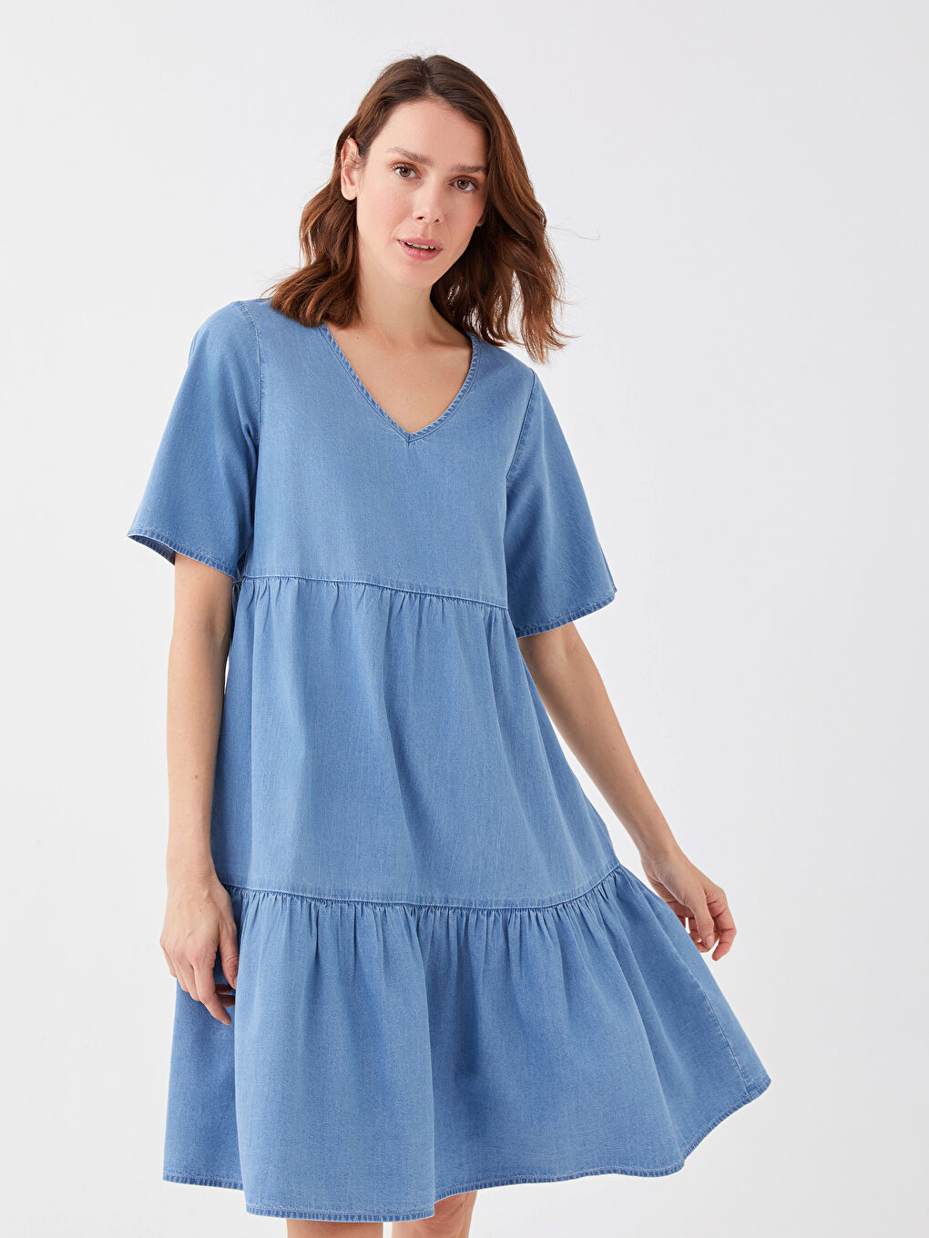 Rochie din Denim cu Decolteu în V, Simplă, Mânecă Scurtă pentru Femei-2