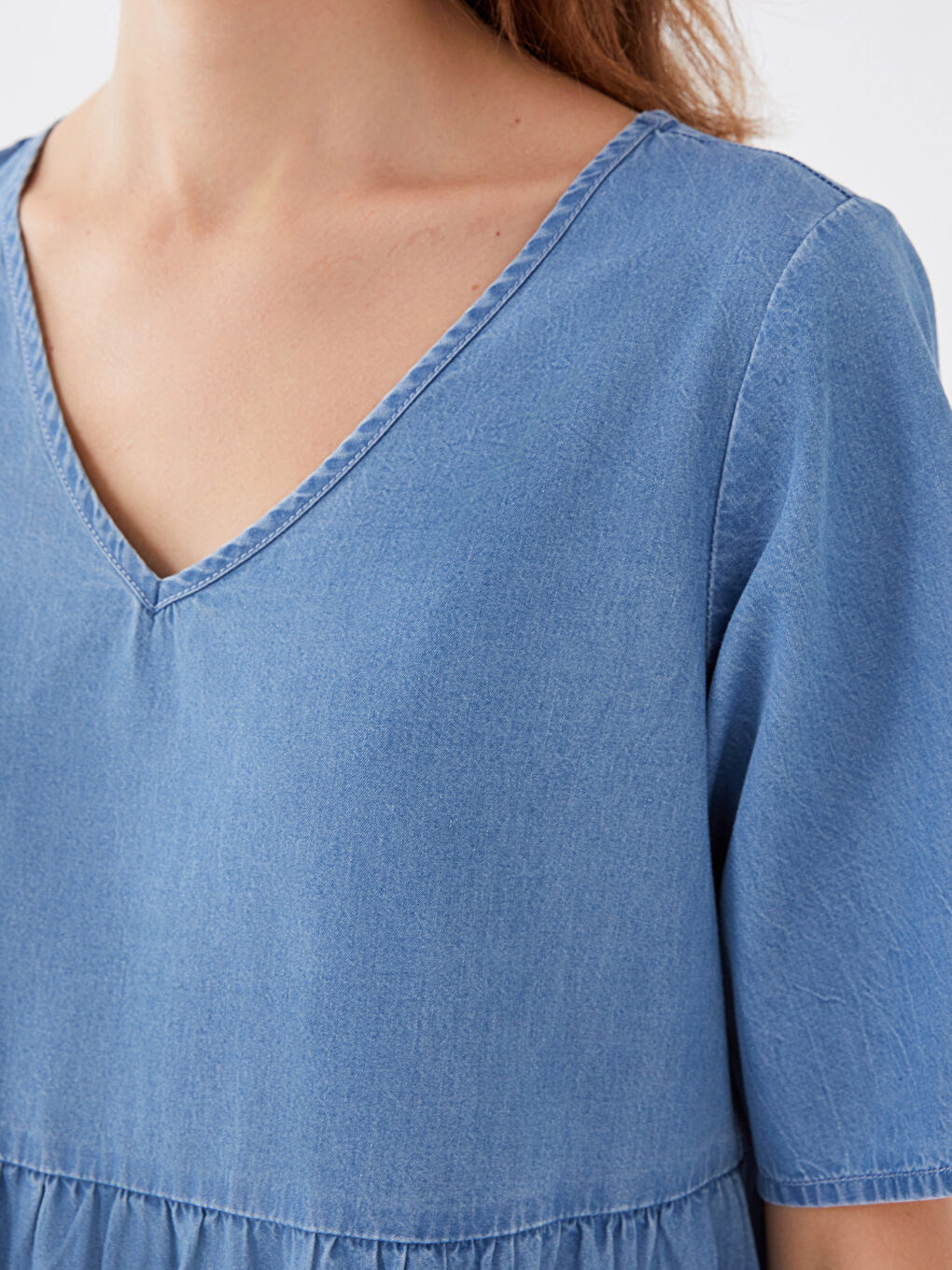 Rochie din Denim cu Decolteu în V, Simplă, Mânecă Scurtă pentru Femei-3