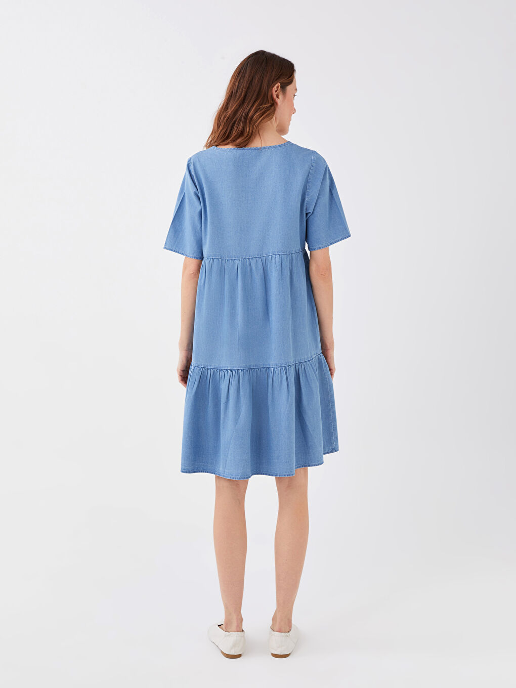 Rochie din Denim cu Decolteu în V, Simplă, Mânecă Scurtă pentru Femei-4