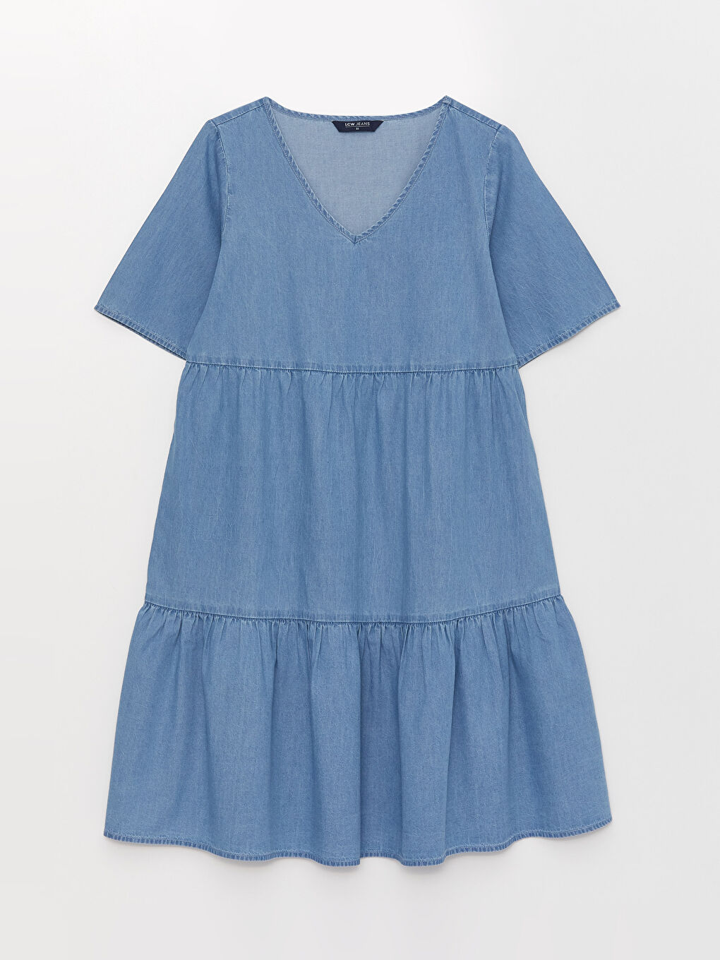 Rochie din Denim cu Decolteu în V, Simplă, Mânecă Scurtă pentru Femei-5