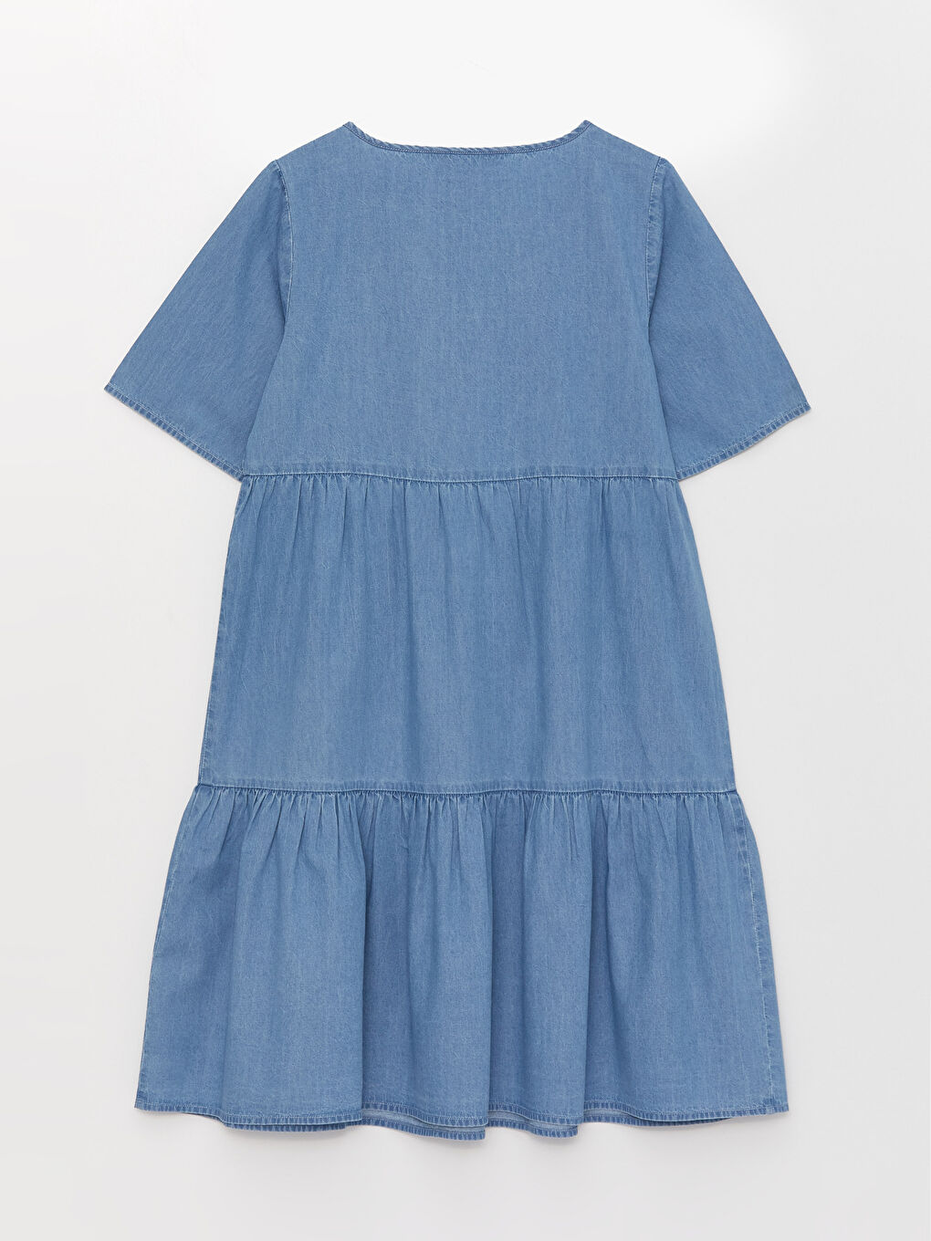 Rochie din Denim cu Decolteu în V, Simplă, Mânecă Scurtă pentru Femei-6