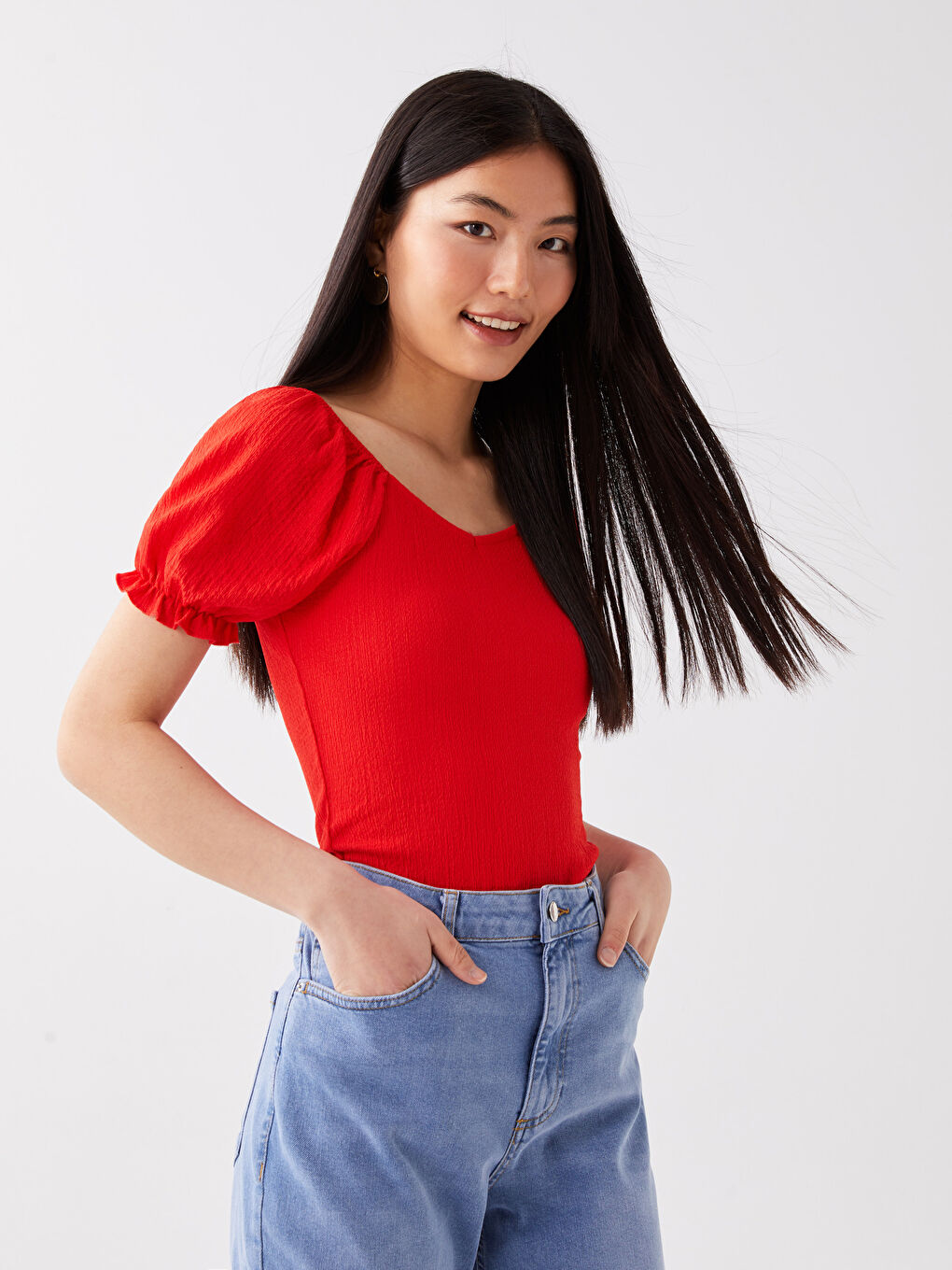 T-shirt Uni à Manches Courtes pour Femmes avec Encolure en U