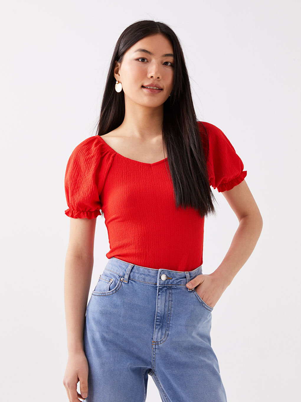 T-shirt Uni à Manches Courtes pour Femmes avec Encolure en U-1