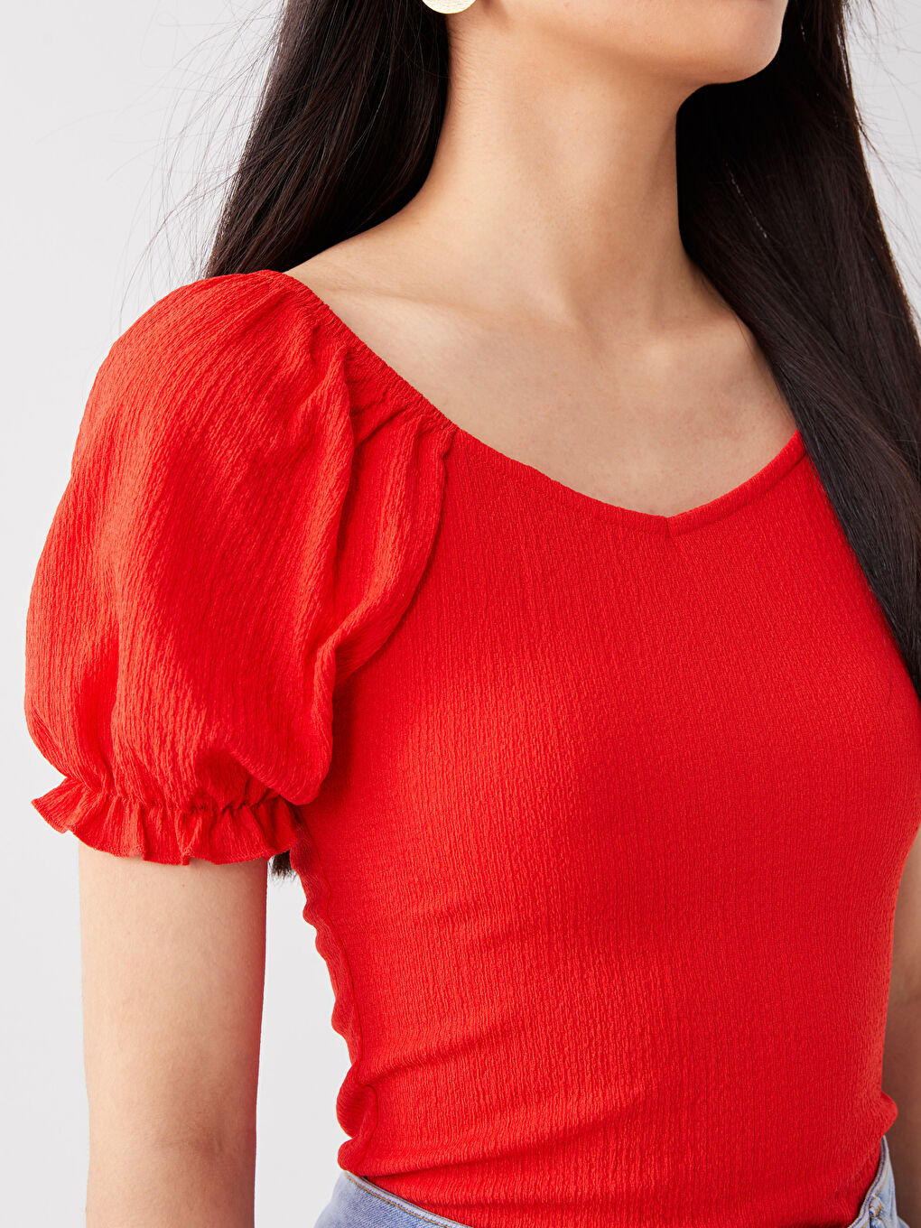 T-shirt Uni à Manches Courtes pour Femmes avec Encolure en U-3