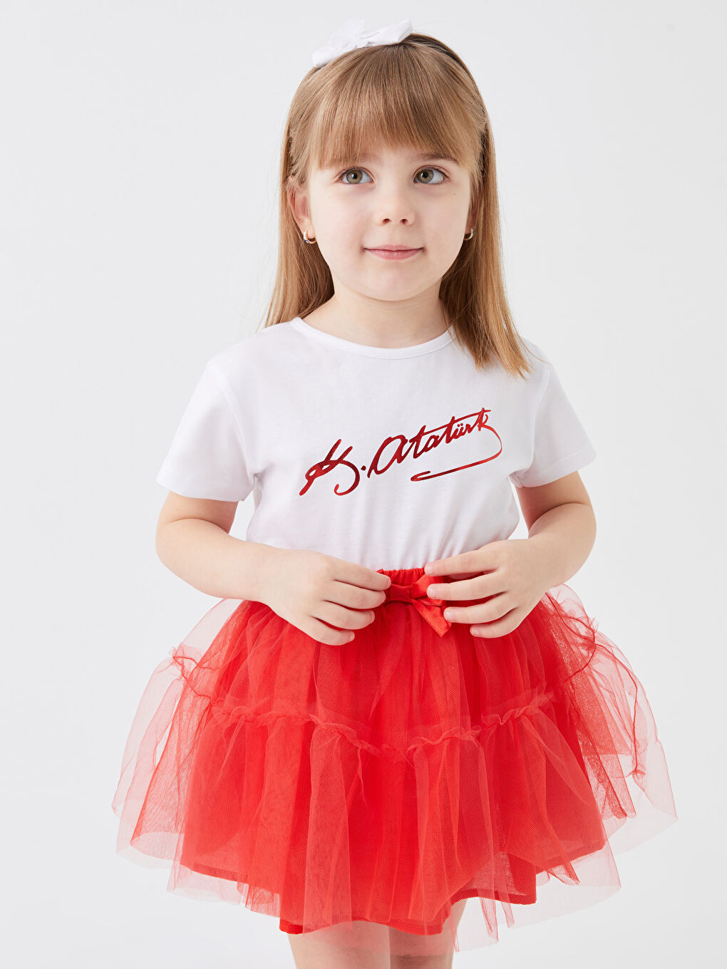 Beyaz Bisiklet Yaka Kısa Kollu Atatürk Baskılı Kız Bebek Tişört-1