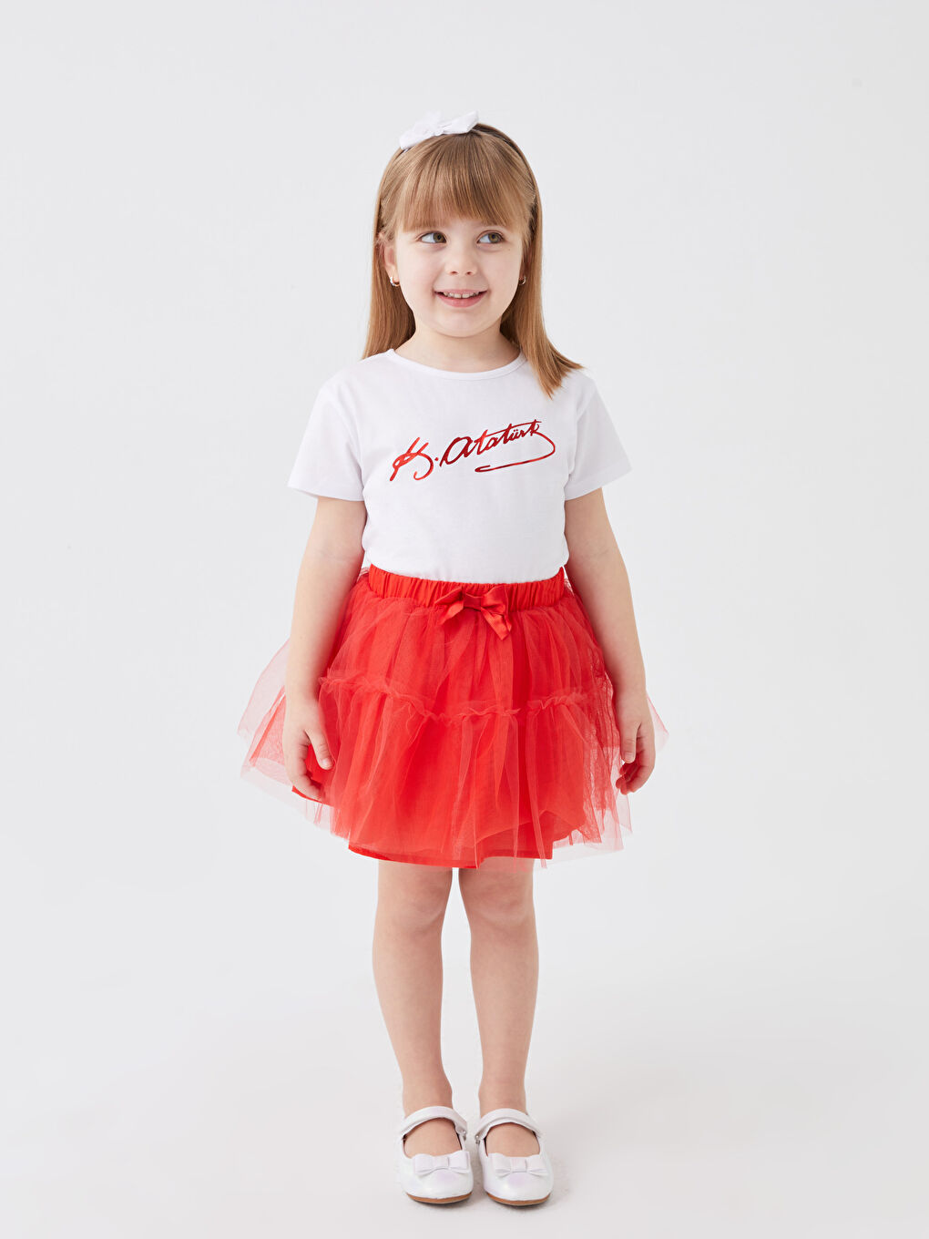 Beyaz Bisiklet Yaka Kısa Kollu Atatürk Baskılı Kız Bebek Tişört-2