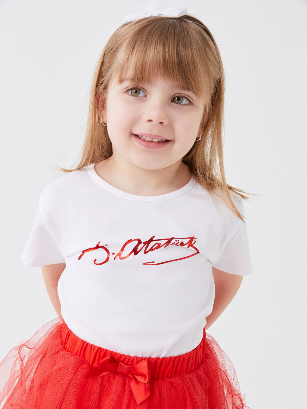 Beyaz Bisiklet Yaka Kısa Kollu Atatürk Baskılı Kız Bebek Tişört-3