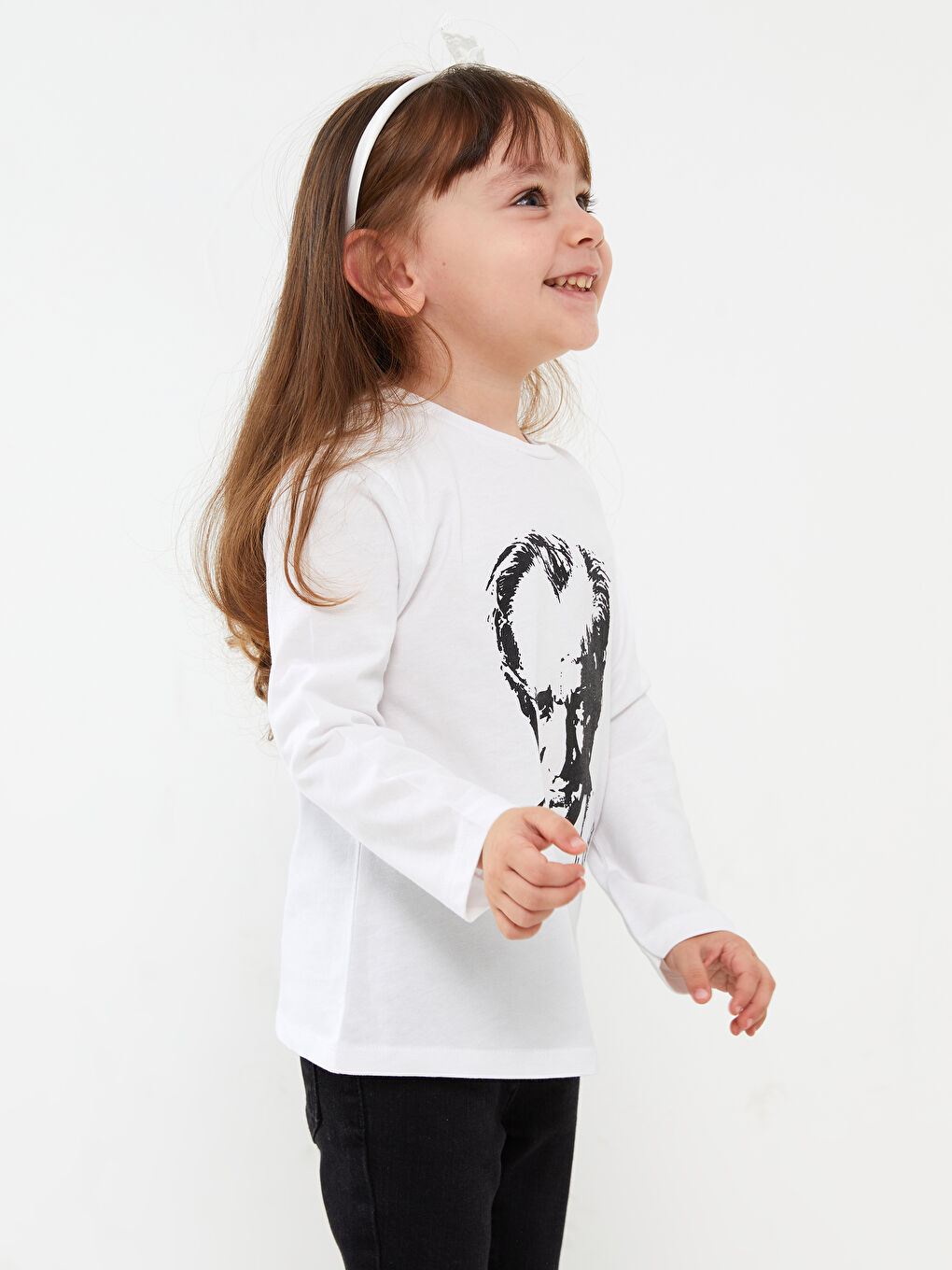 Beyaz Bisiklet Yaka Uzun Kollu Atatürk Baskılı Kız Bebek Tişört-1