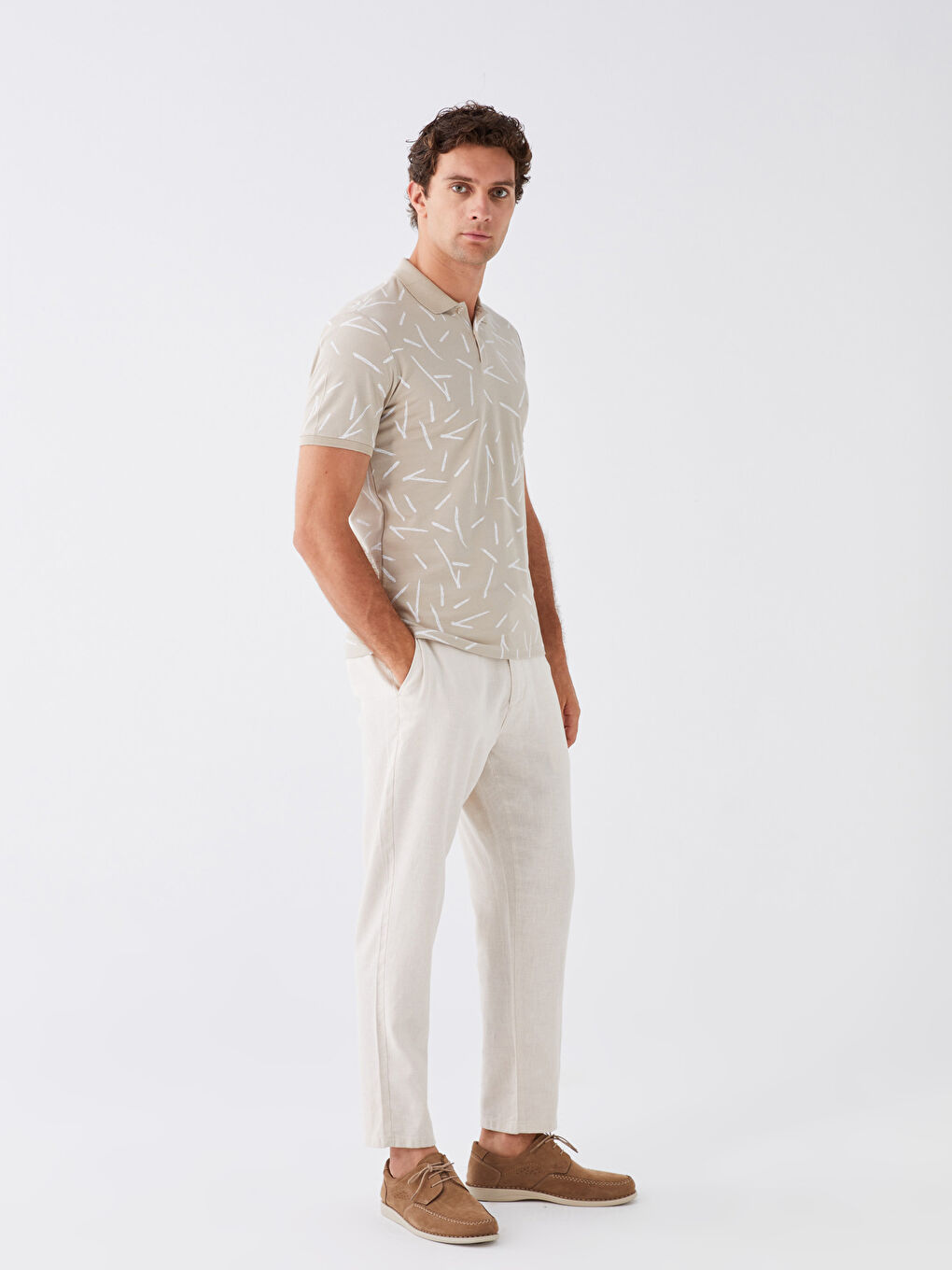 Bej Polo Yaka Kısa Kollu Desenli Erkek Tişört-2