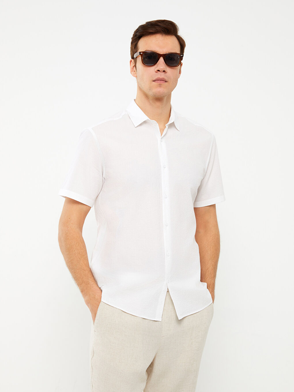 Beyaz Regular Fit Kısa Kollu Erkek Gömlek-1