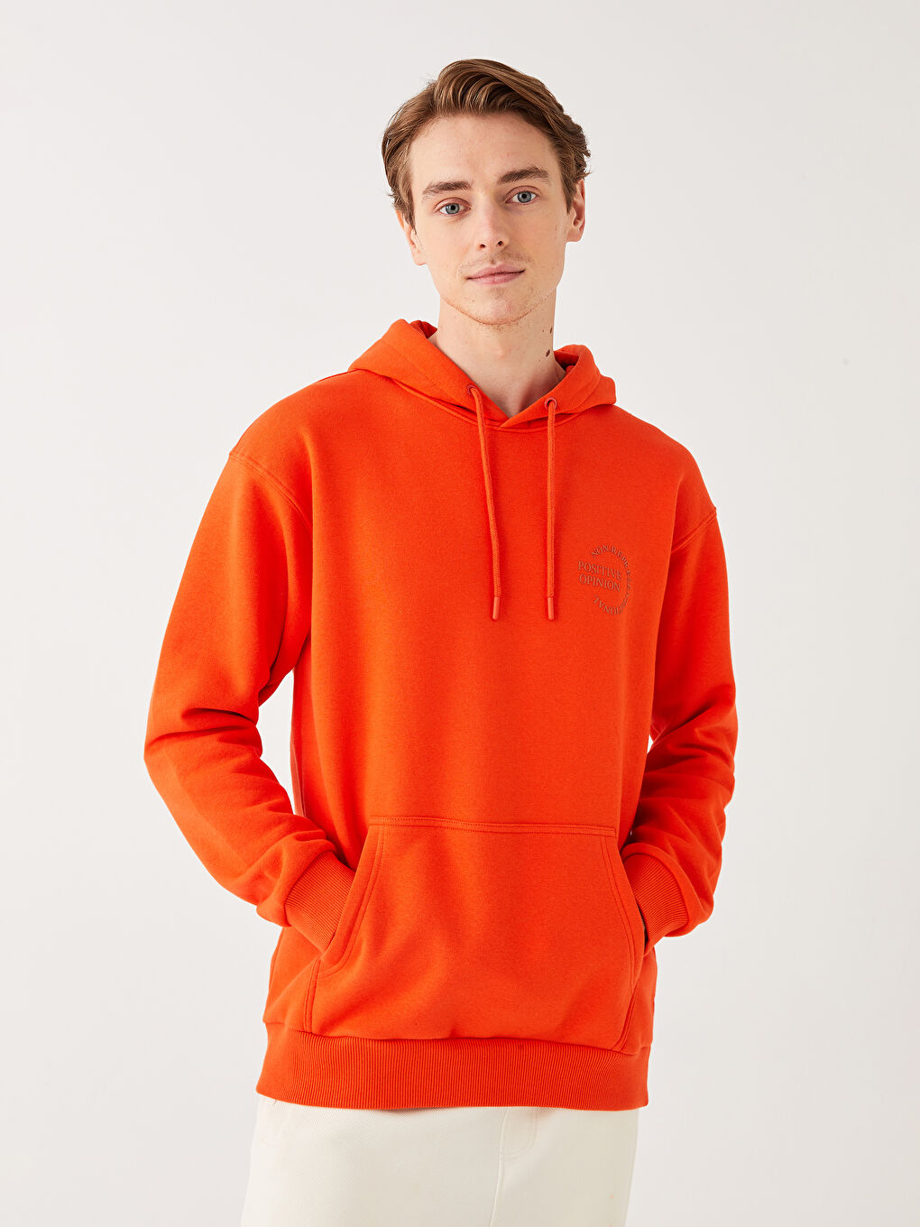 Turuncu Uzun Kollu Baskılı Erkek Kalın Hoodie