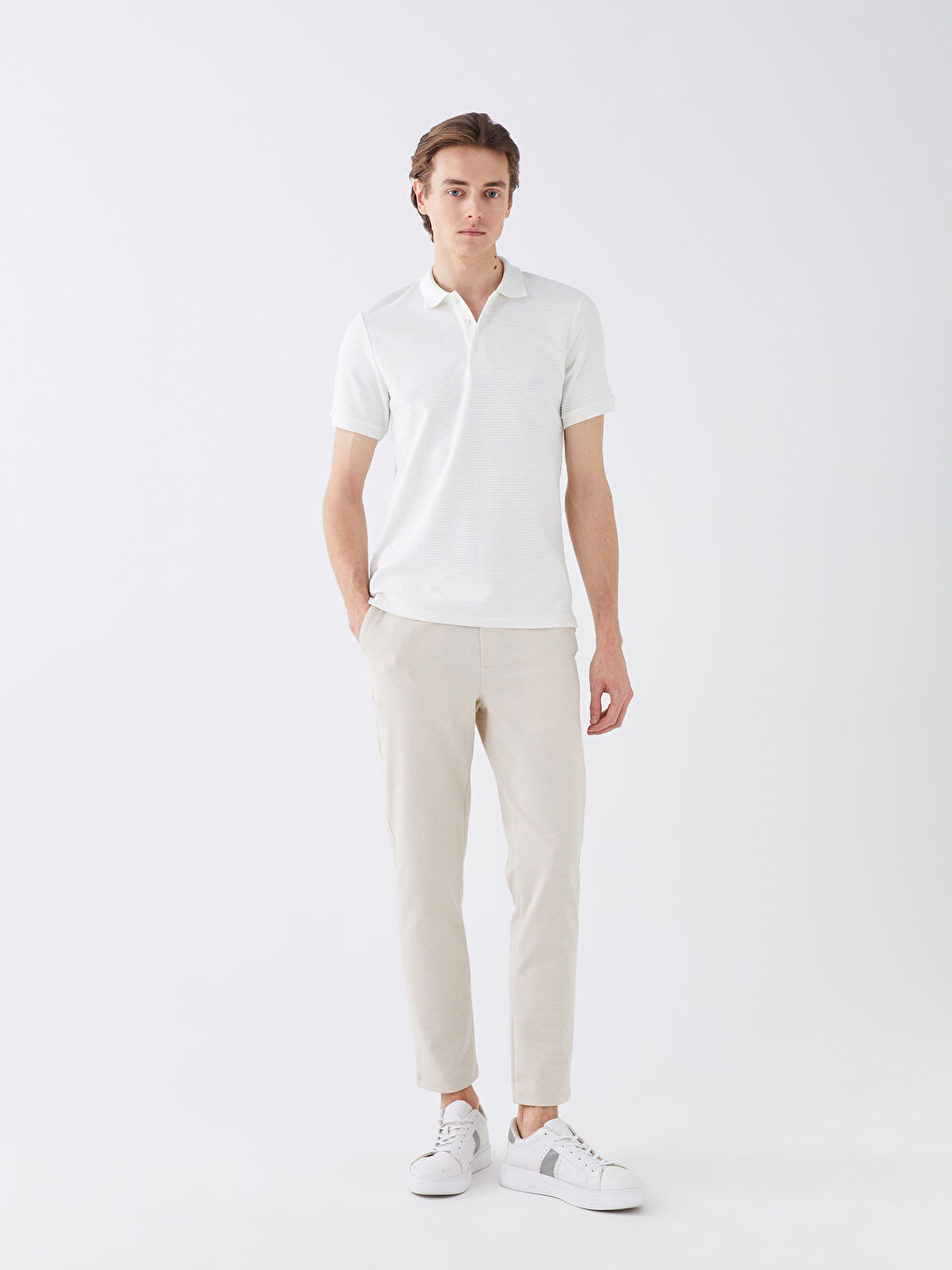 Ekru Polo Yaka Kısa Kollu Erkek Tişört-2