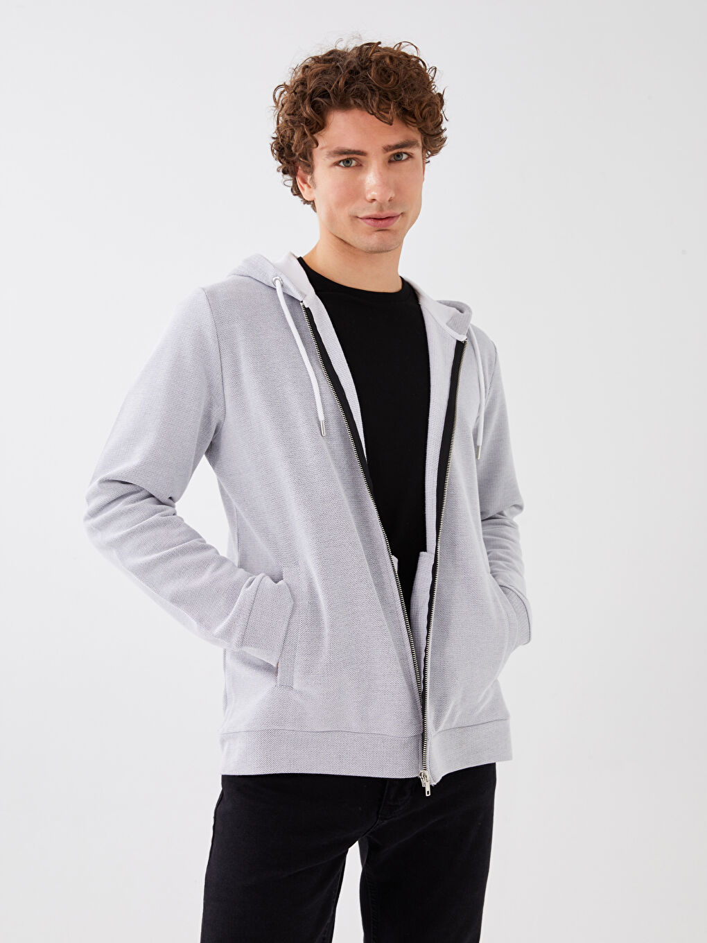 Gri Kapüşonlu Uzun Kollu Pike Erkek Spor Hırka