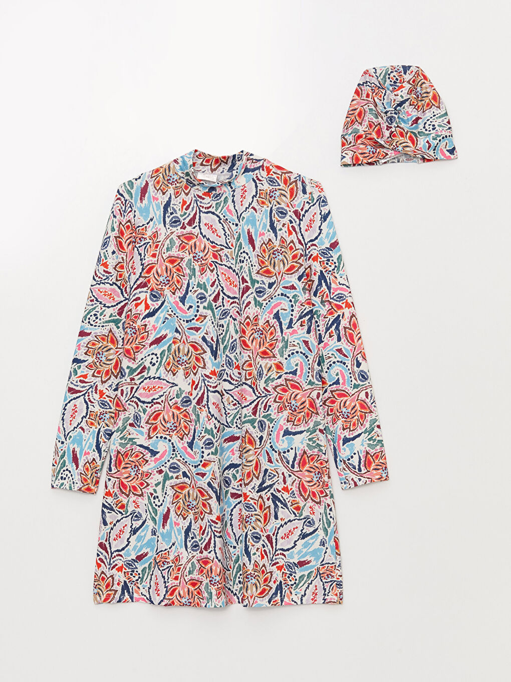 Karışık Dik Yaka Desenli Kadın Tesettür Mayo Takımı-5