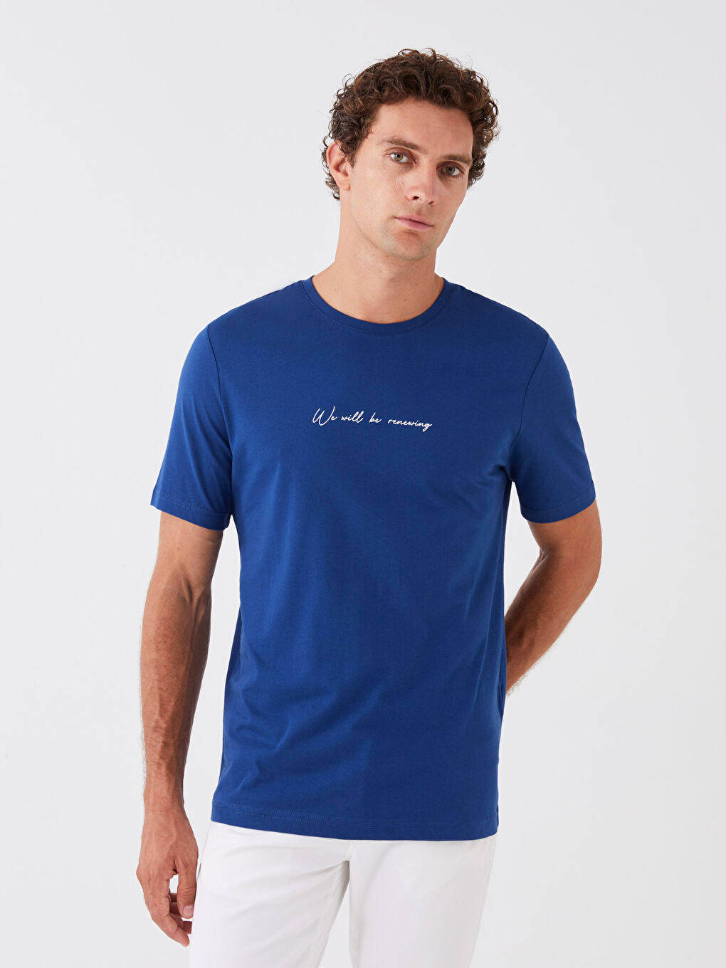 Lacivert Bisiklet Yaka Kısa Kollu Baskılı Penye Erkek Tişört