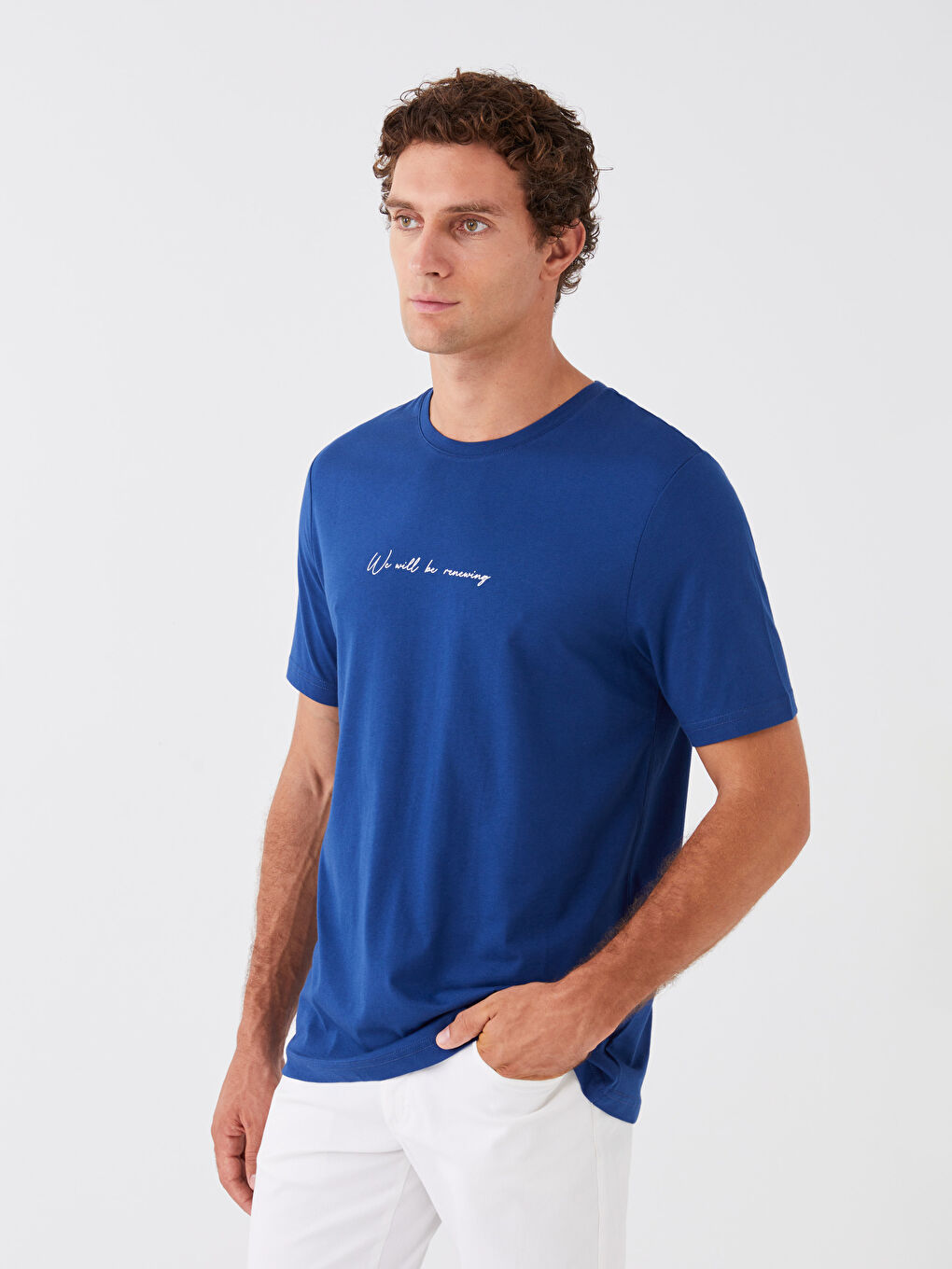 Lacivert Bisiklet Yaka Kısa Kollu Baskılı Penye Erkek Tişört-1