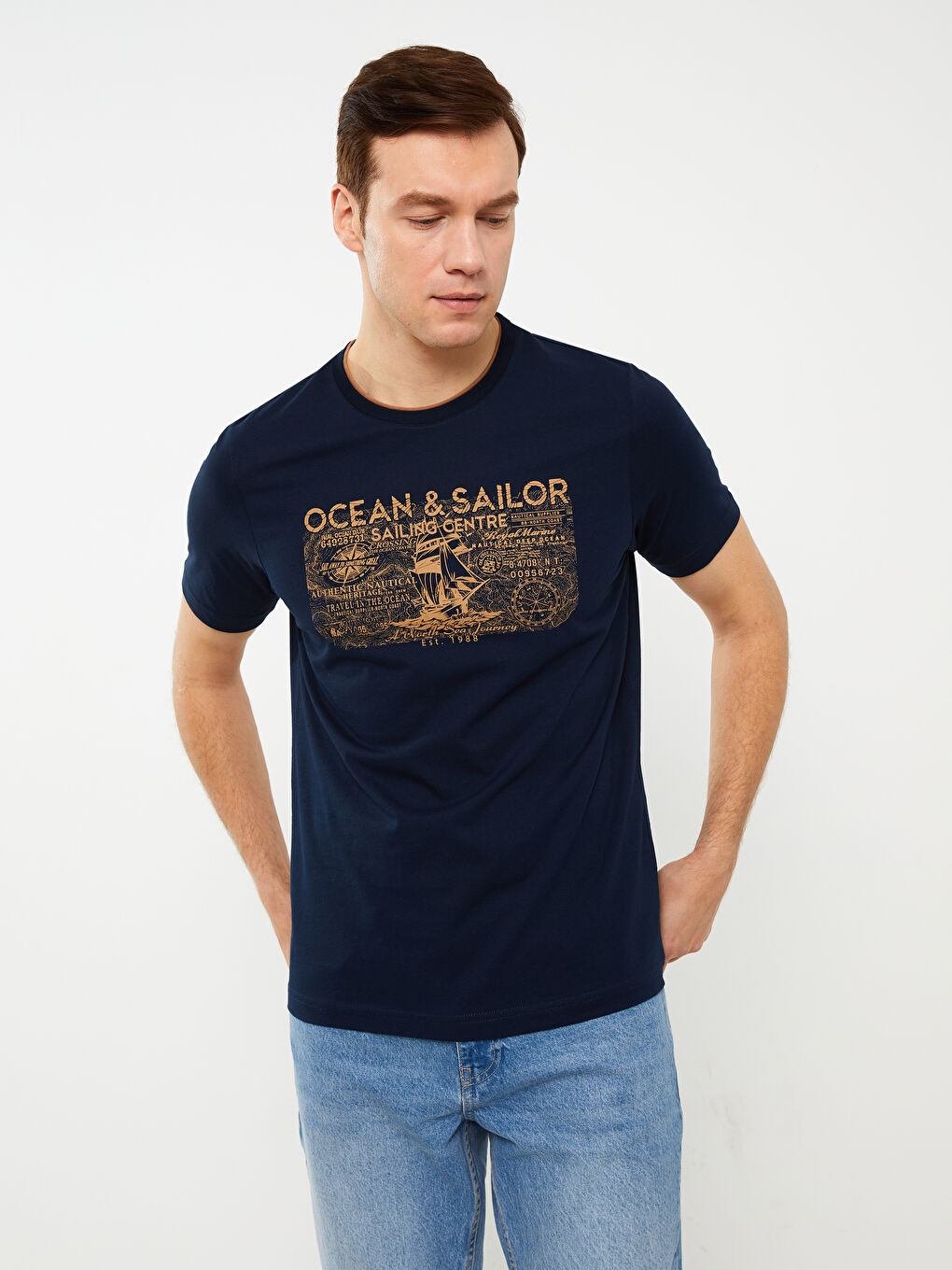 T-shirt en Jersey à Motifs à Manches Courtes et Col Rond pour Hommes