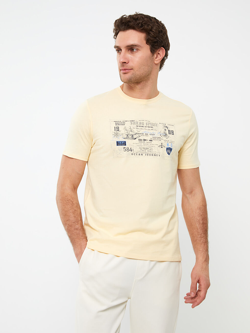 Sarı Bisiklet Yaka Kısa Kollu Baskılı Penye Erkek Tişört