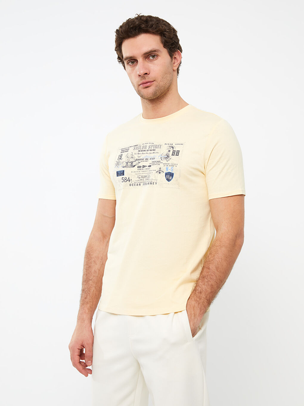 Sarı Bisiklet Yaka Kısa Kollu Baskılı Penye Erkek Tişört-1