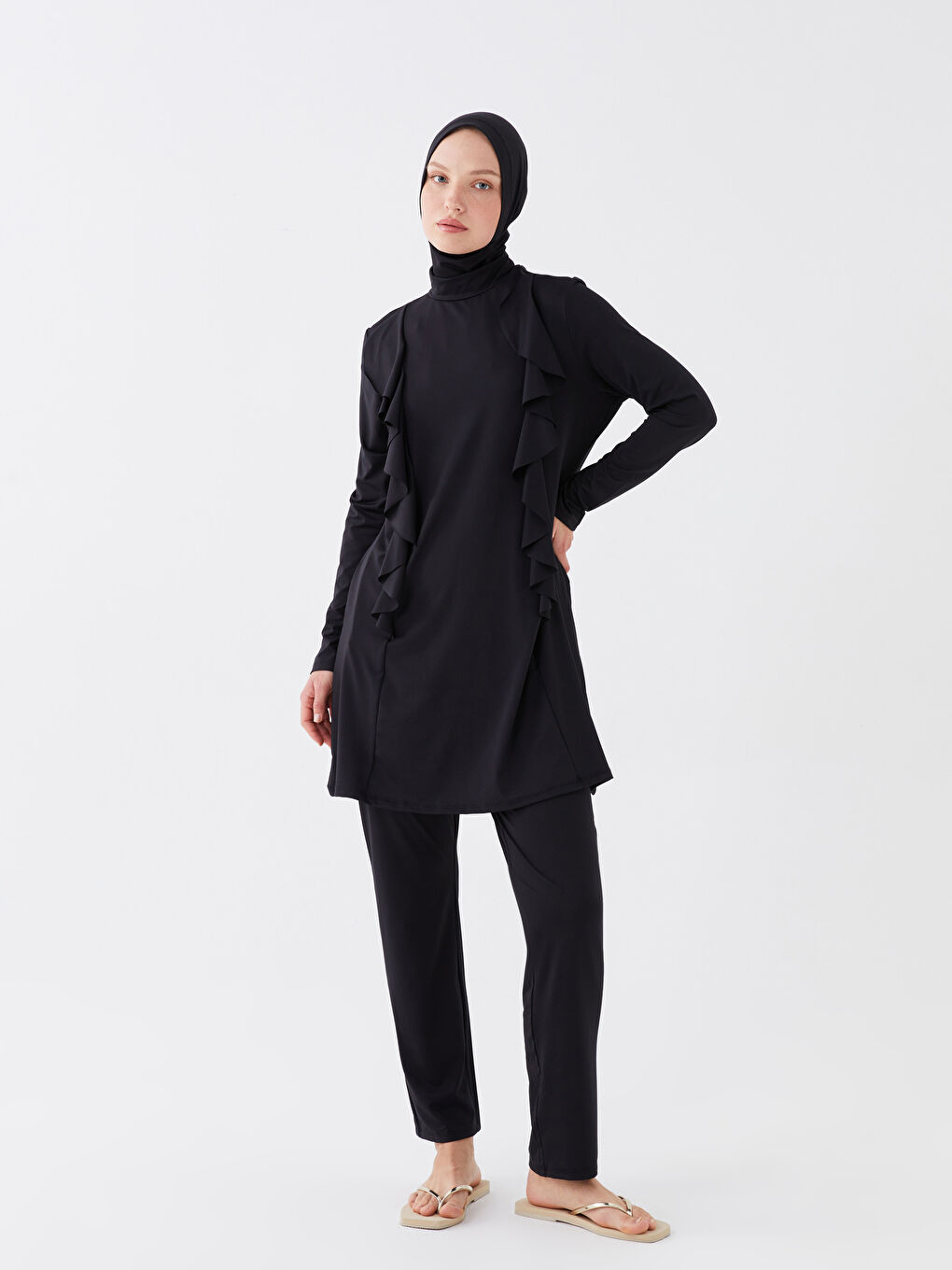 Stand Up Collar Straight Long Sleeve Women Hijab Swimsuit Set-1