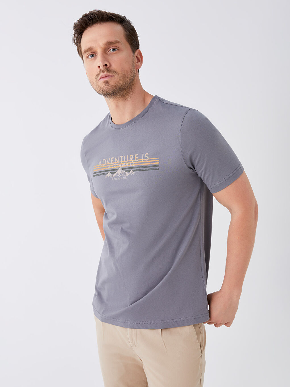 Gri Bisiklet Yaka Kısa Kollu Baskılı Penye Erkek Tişört-1