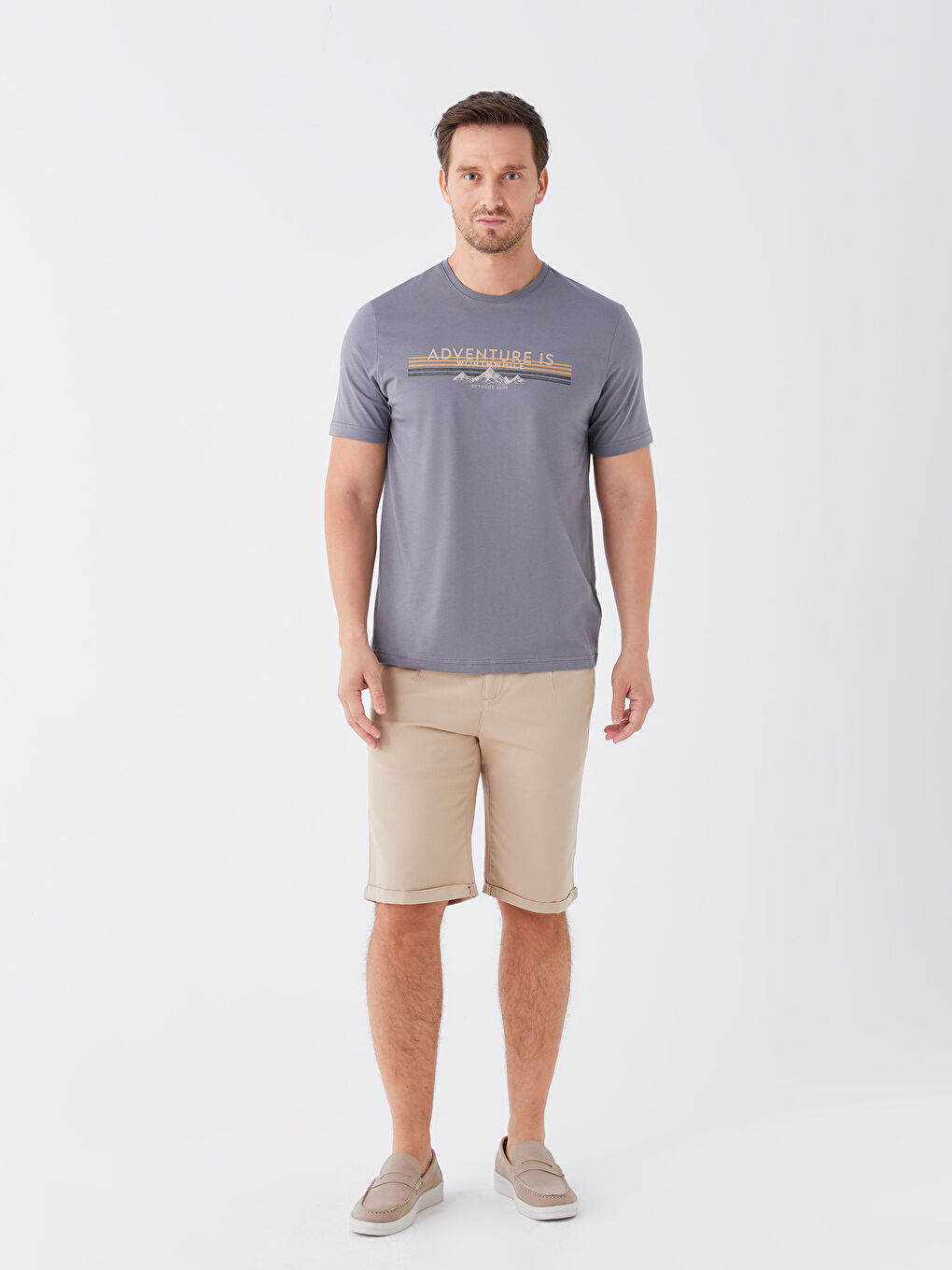 Gri Bisiklet Yaka Kısa Kollu Baskılı Penye Erkek Tişört-2