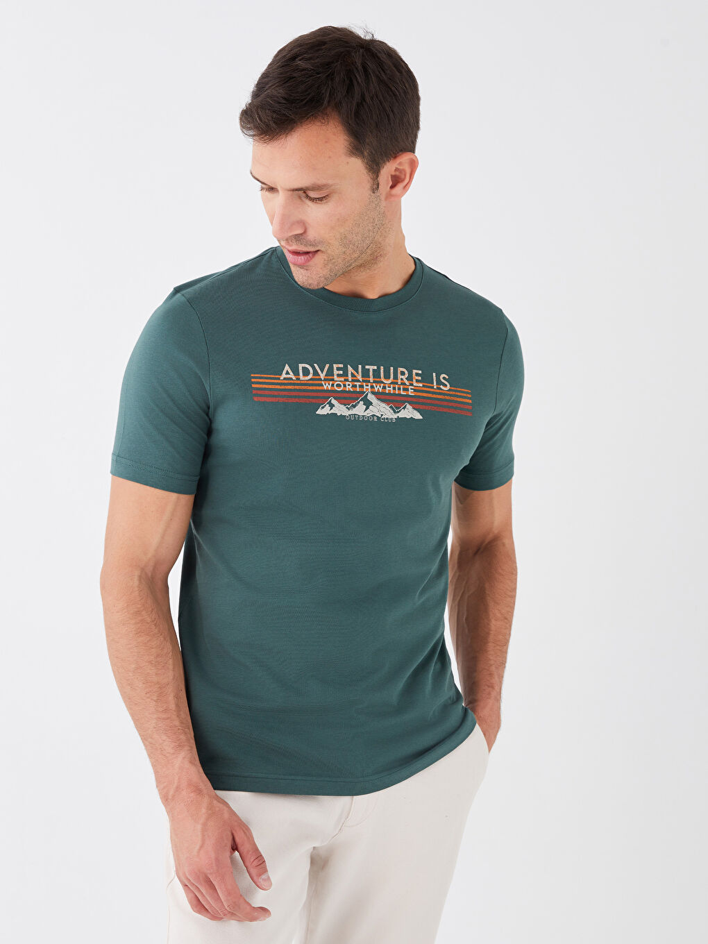 Yeşil Bisiklet Yaka Kısa Kollu Baskılı Penye Erkek Tişört-1