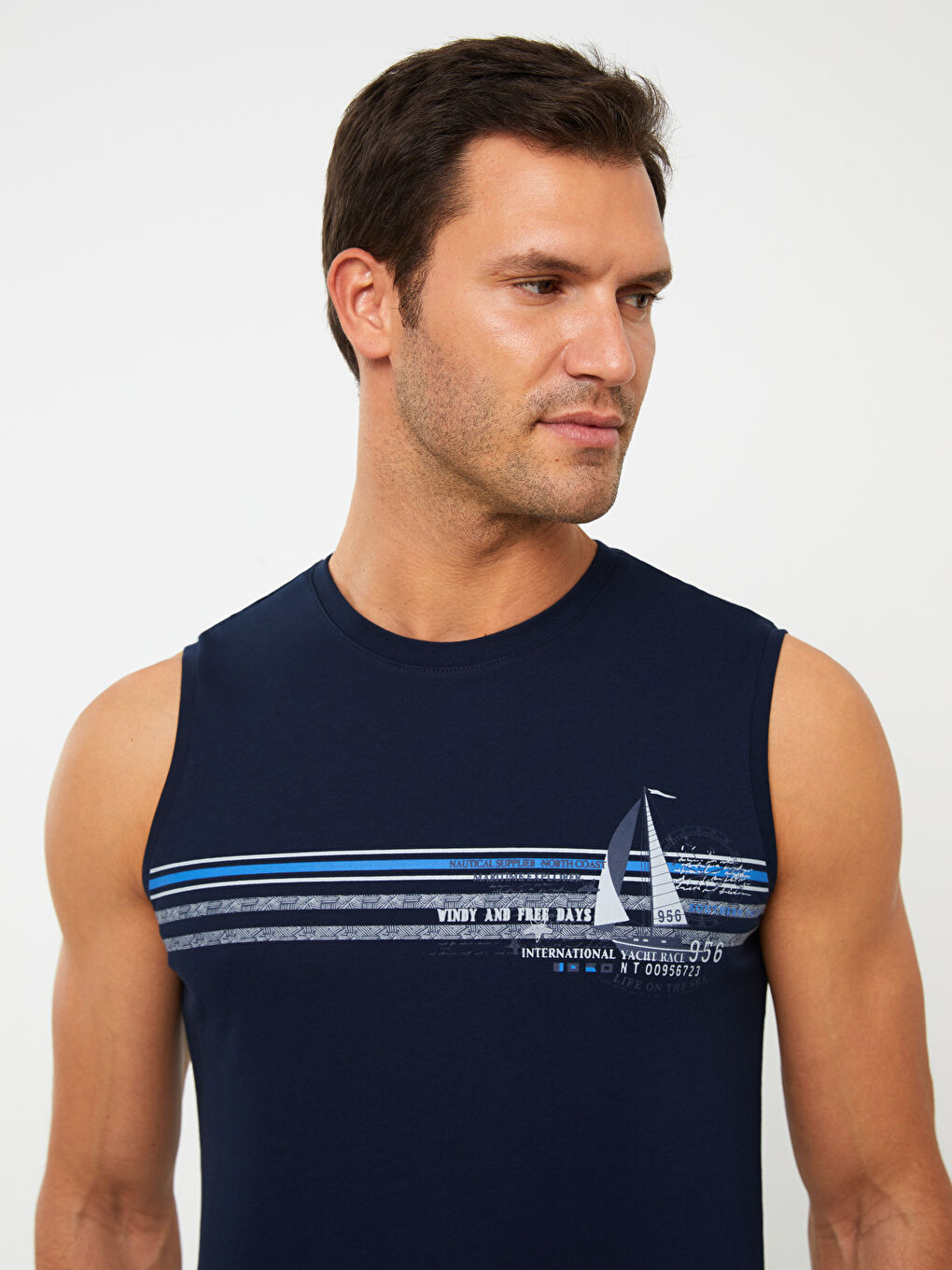 Lacivert Bisiklet Yaka Baskılı Erkek Kolsuz Tişört