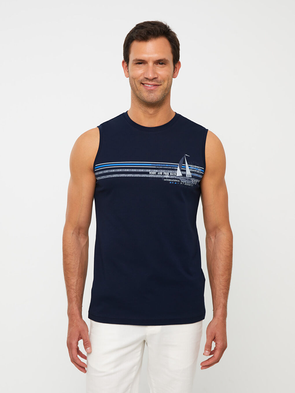 Lacivert Bisiklet Yaka Baskılı Erkek Kolsuz Tişört-1