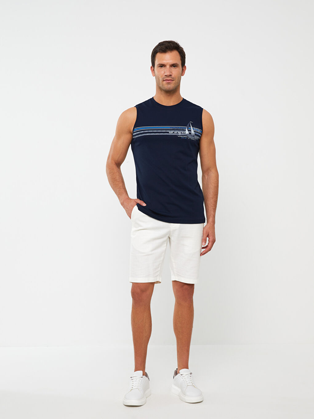 Lacivert Bisiklet Yaka Baskılı Erkek Kolsuz Tişört-2