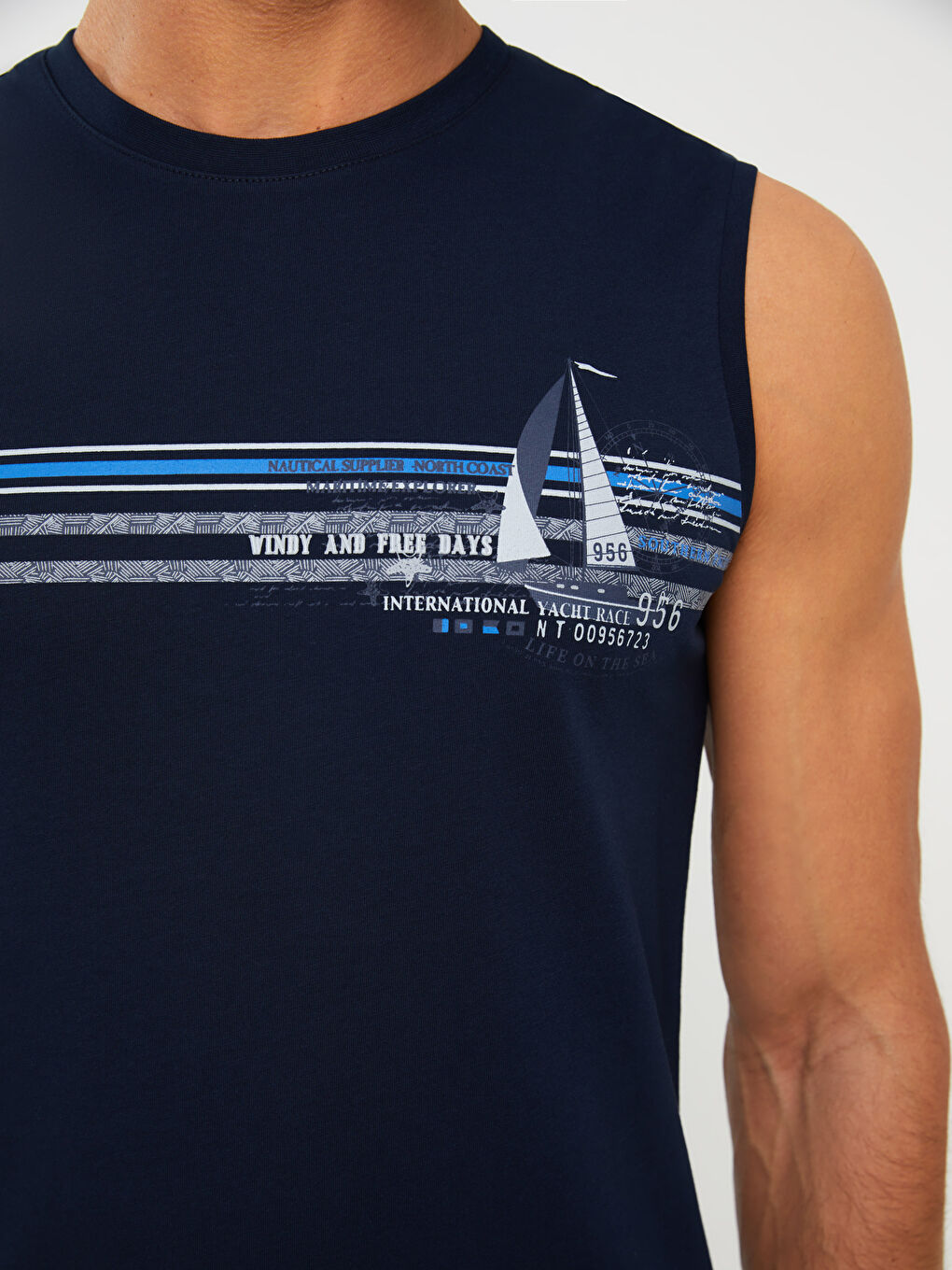 Lacivert Bisiklet Yaka Baskılı Erkek Kolsuz Tişört-3