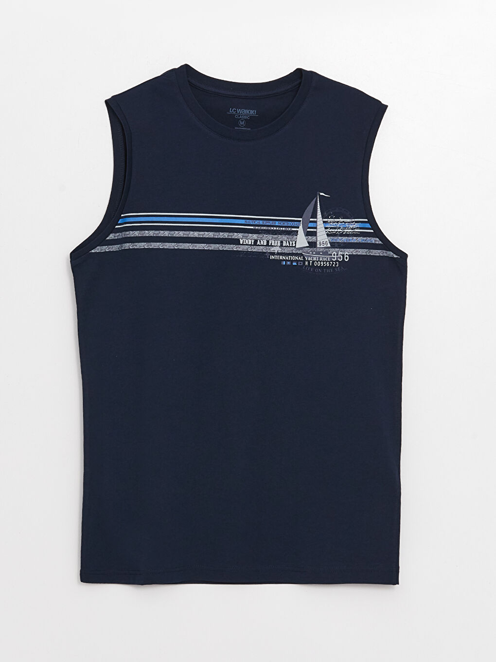 Lacivert Bisiklet Yaka Baskılı Erkek Kolsuz Tişört-5