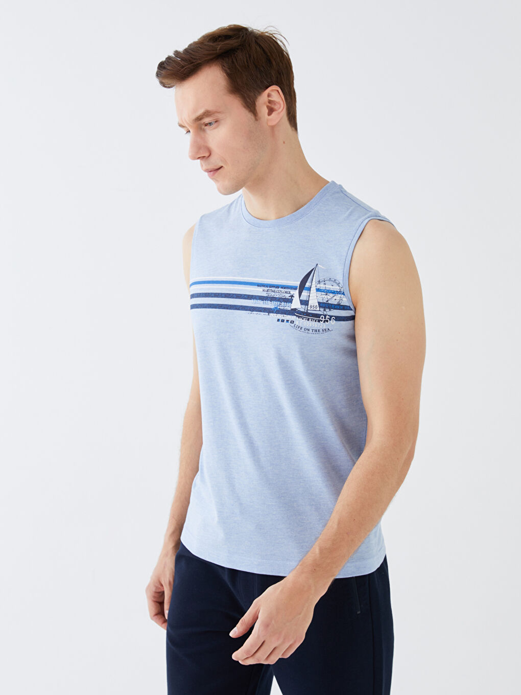 Mavi Bisiklet Yaka Baskılı Erkek Kolsuz Tişört-2