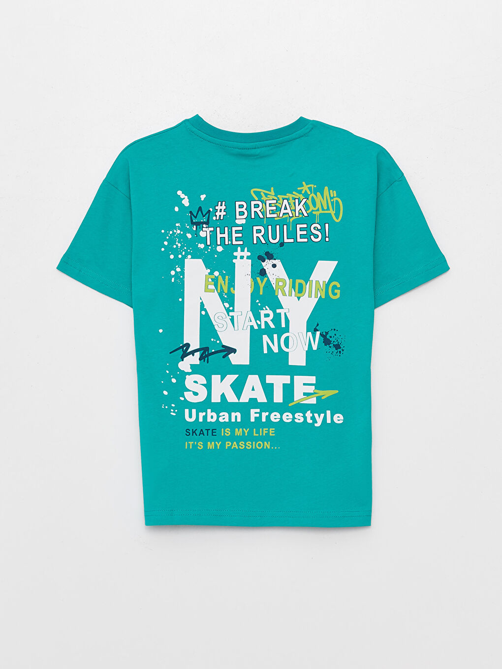 Yeşil Rahat Kalıp Bisiklet Yaka Kısa Kollu Erkek Çocuk Tişört-1