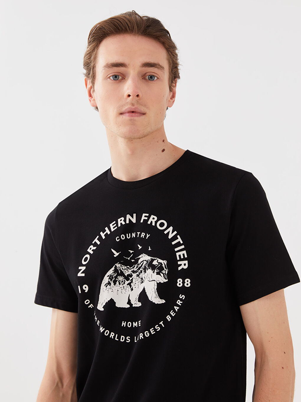 Siyah Bisiklet Yaka Kısa Kollu Baskılı Penye Erkek Tişört