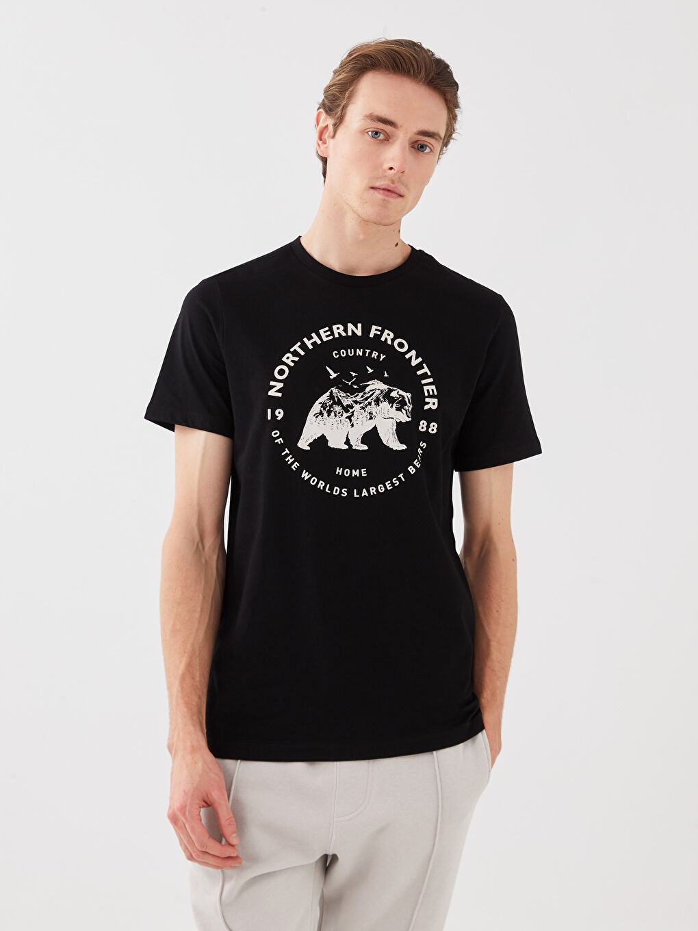 Siyah Bisiklet Yaka Kısa Kollu Baskılı Penye Erkek Tişört-1