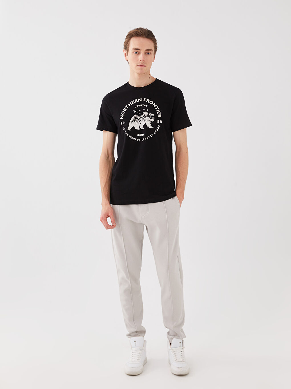 Siyah Bisiklet Yaka Kısa Kollu Baskılı Penye Erkek Tişört-2