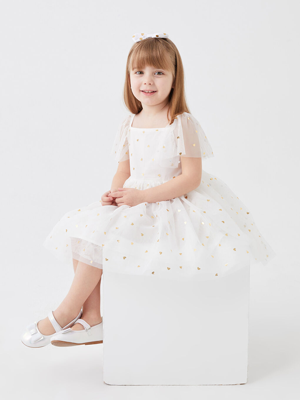 Rochie Fetiță cu Guler Pătrat, Mânecă Scurtă, Imprimată, cu Fustă din Tul