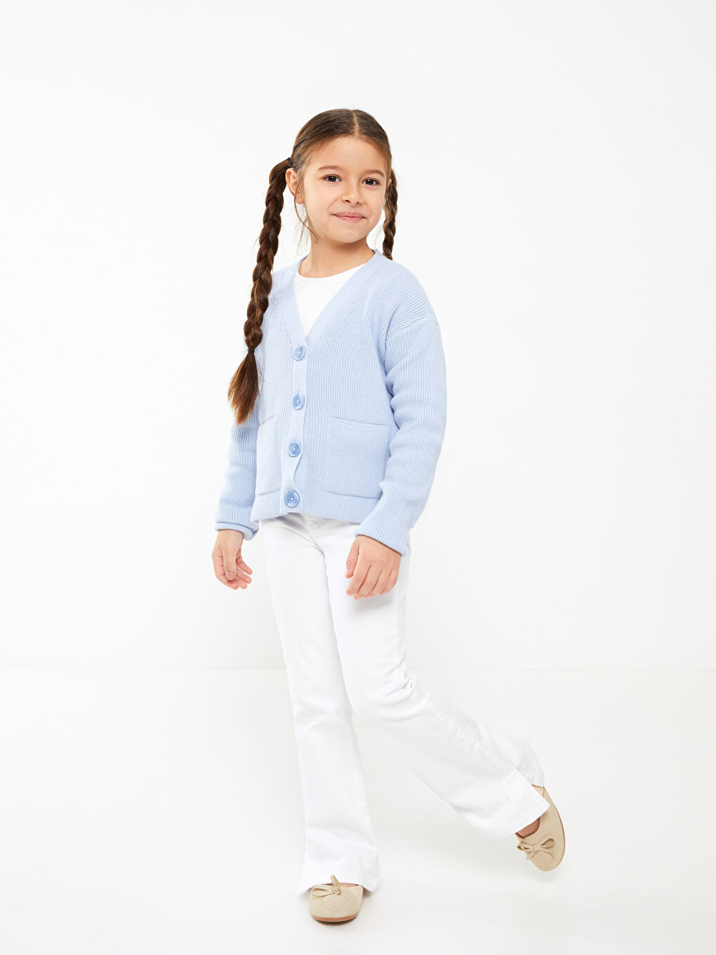 V Neck Basic Long Sleeve Girls' Knitwear Cardigan-2