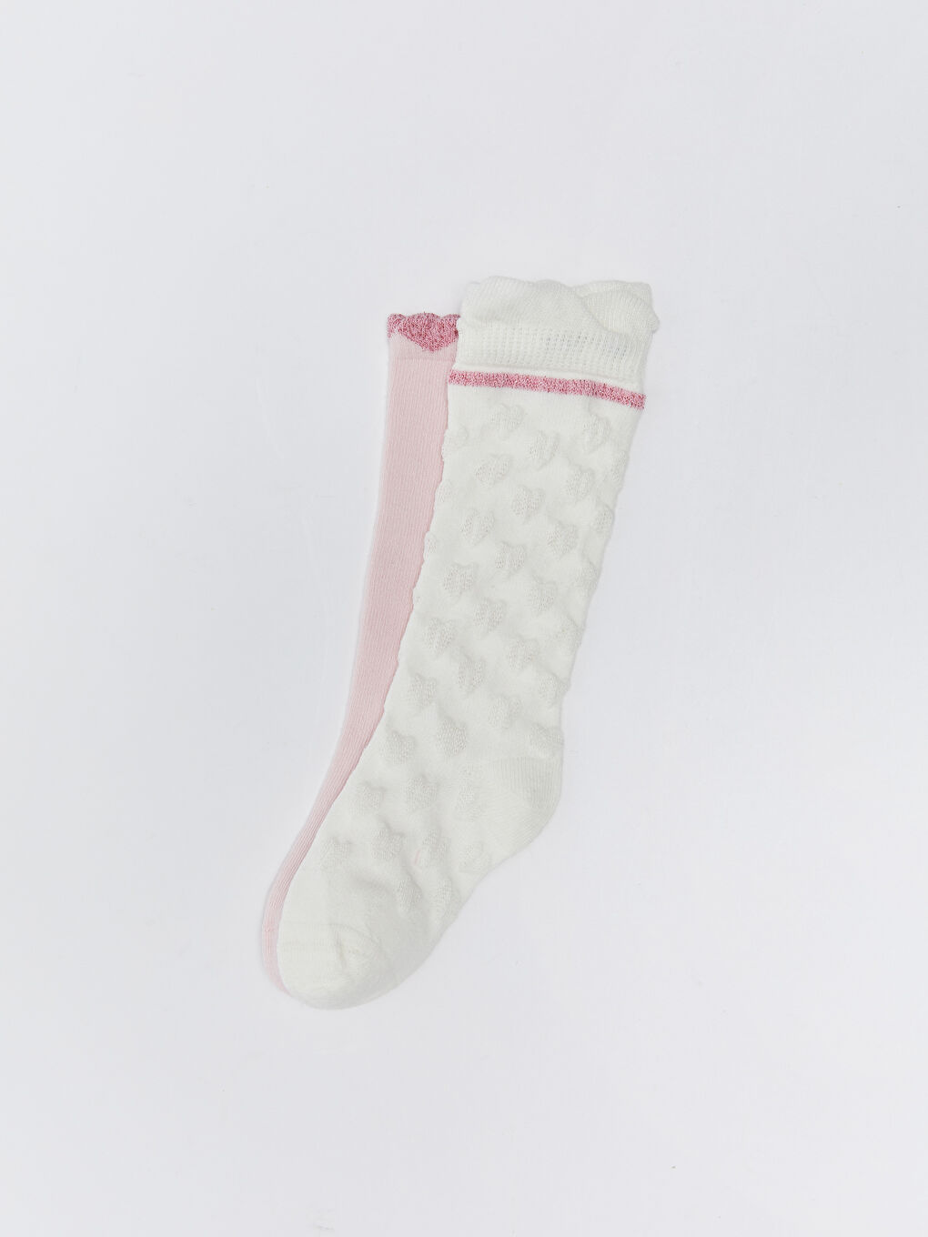 Pembe Kendinden Desenli Kız Bebek Diz Altı Çorap 2'li-1